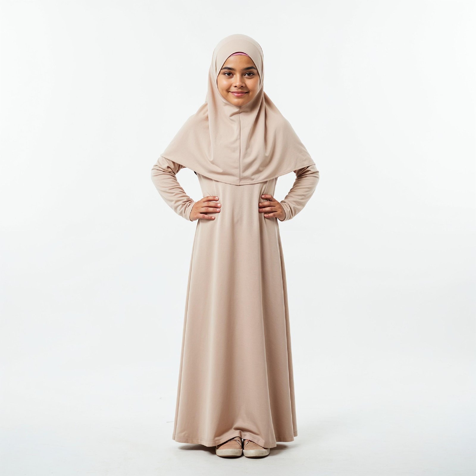 Cute Young Muslim Girl Wearing Beige Hijab and Modest Dress in Studio Portrait