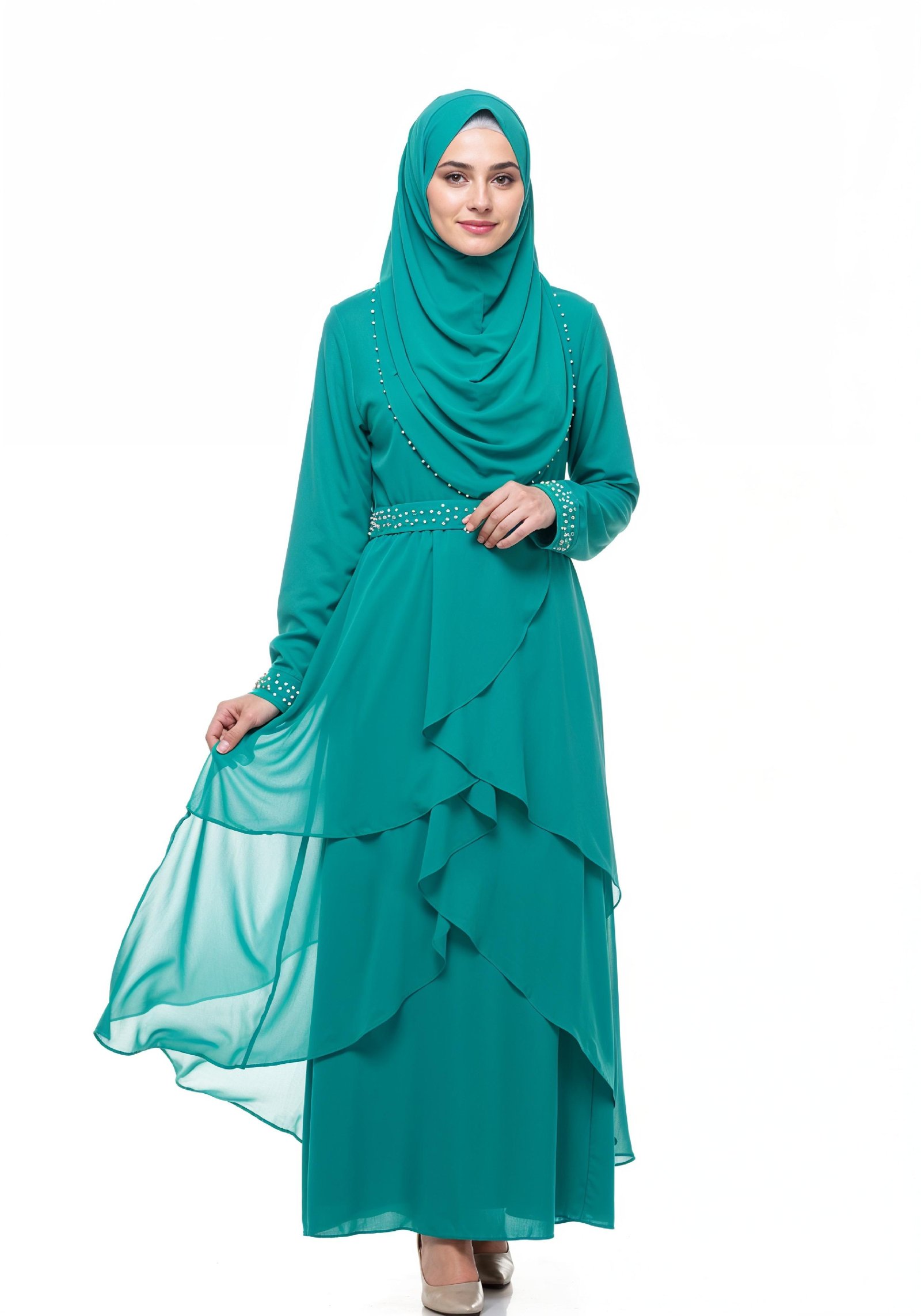 Elegant Muslim Girl in Turquoise Abaya and Hijab Full Length Isolated Fashion Portrait PNG