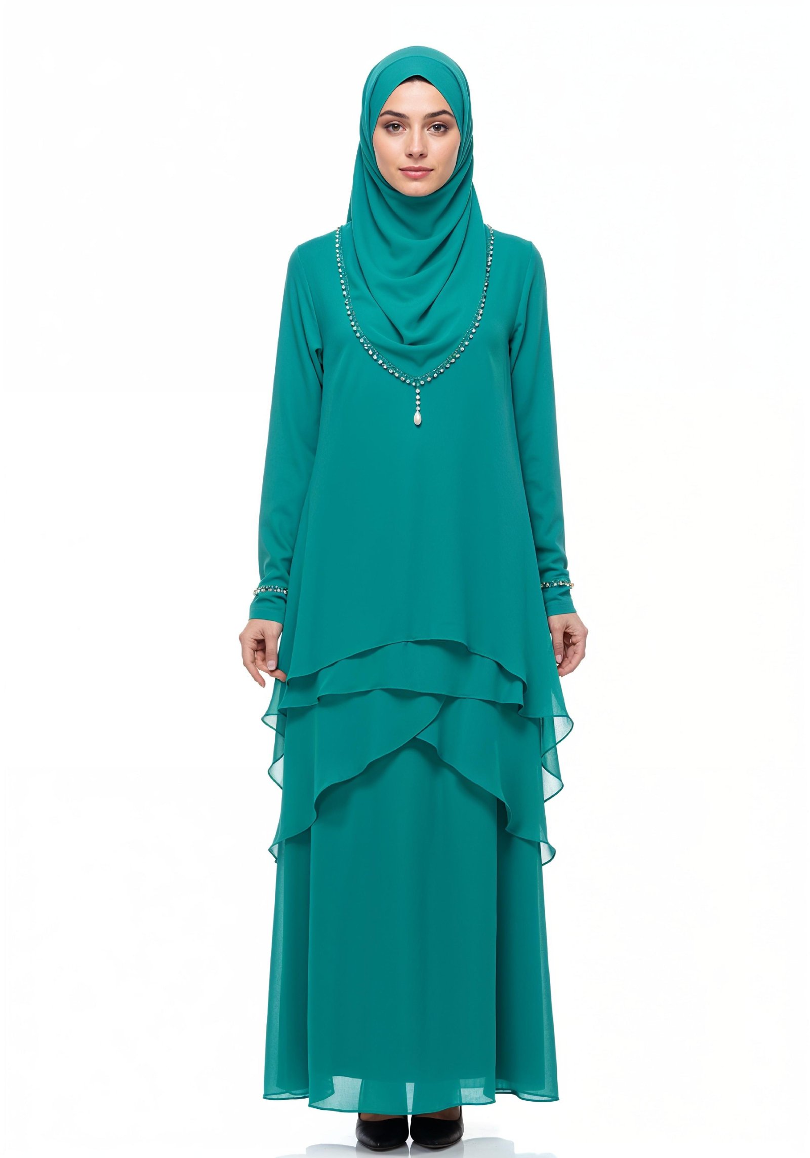 Elegant Muslim Girl in Turquoise Abaya and Hijab Full Length Isolated Fashion Portrait PNG