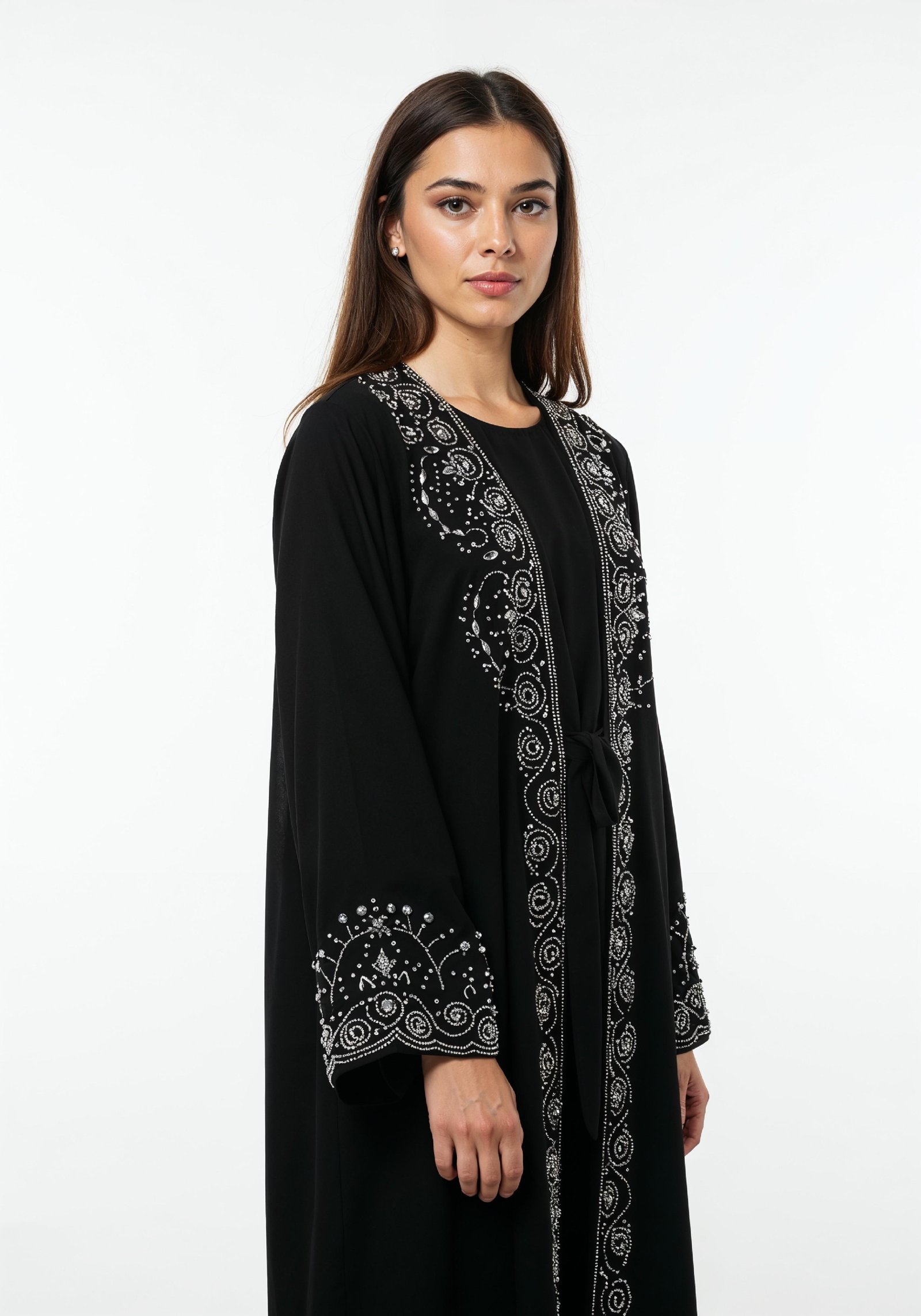 Elegant Muslim Woman in Black Embroidered Abaya and Hijab Full Length Fashion Portrait