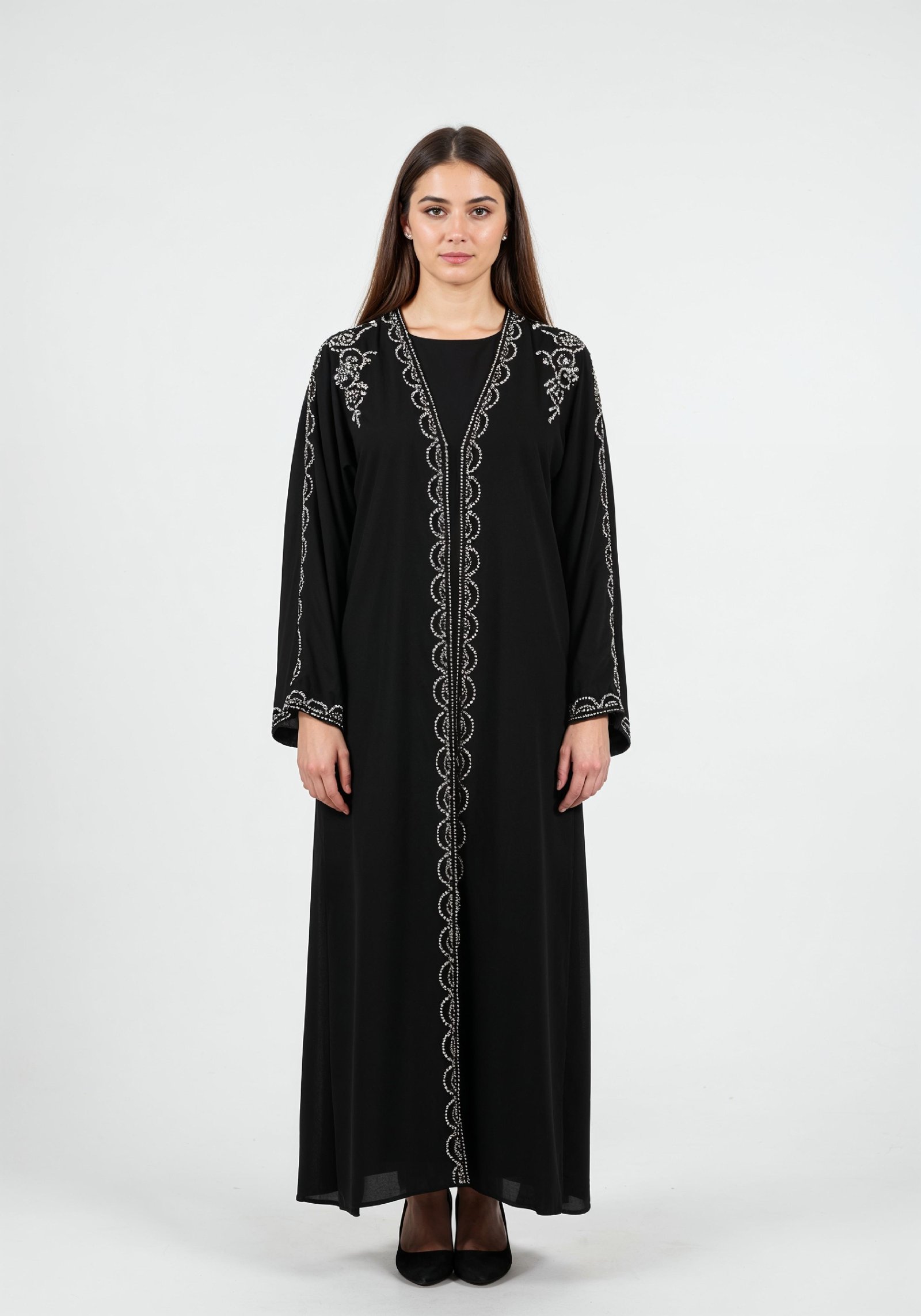 Elegant Muslim Woman in Black Embroidered Abaya and Hijab Full Length Fashion Portrait