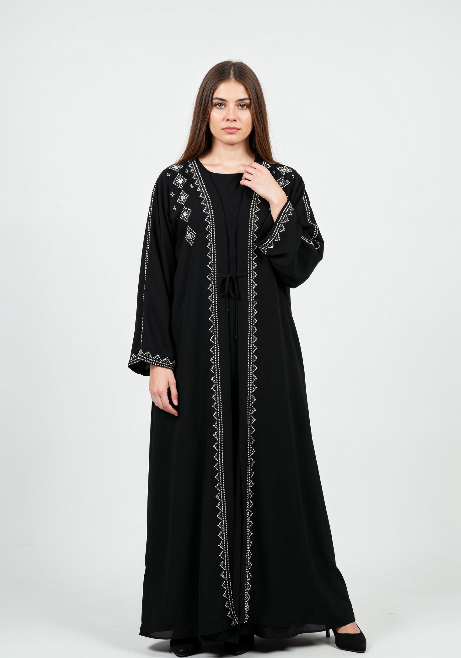 Elegant Muslim Woman in Black Embroidered Abaya and Hijab Full Length Fashion Portrait