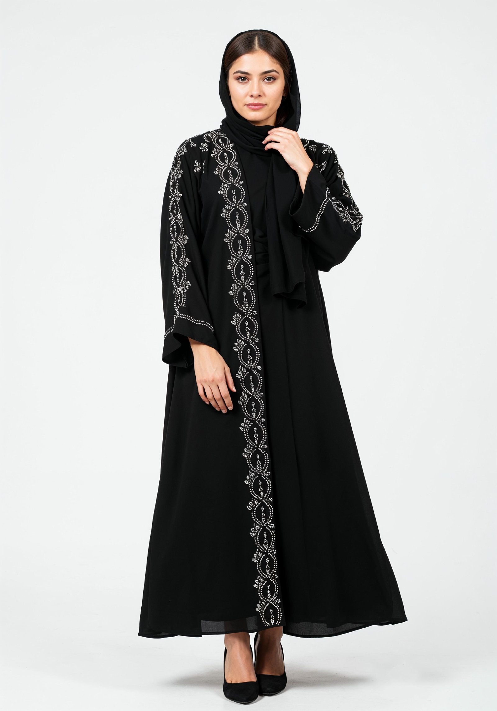 Elegant Muslim Woman in Black Embroidered Abaya and Hijab Full Length Fashion Portrait