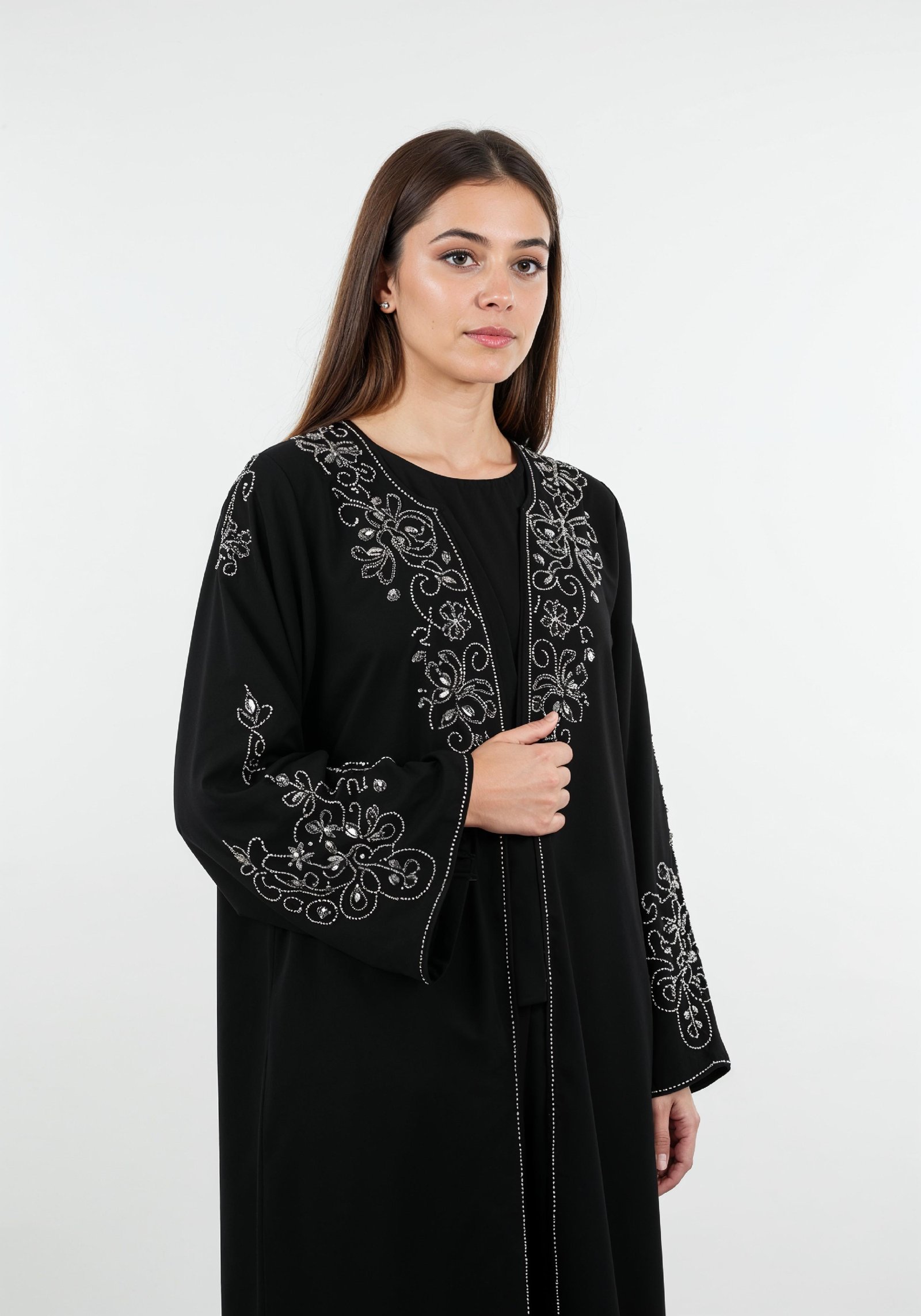 Elegant Muslim Woman in Black Embroidered Abaya and Hijab Full Length Fashion Portrait