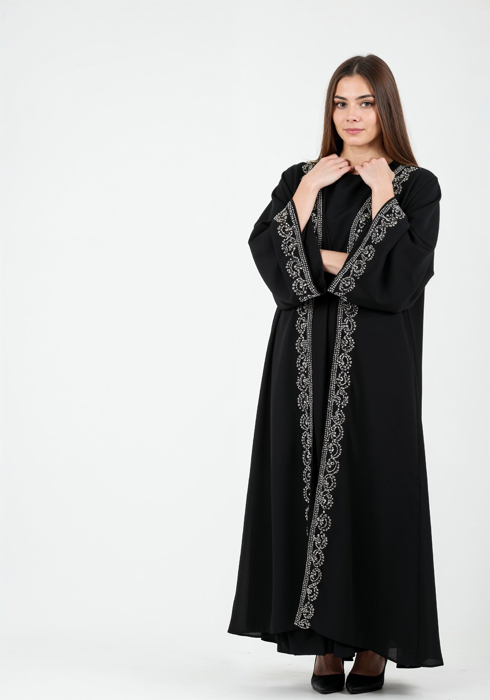 Elegant Muslim Woman in Black Embroidered Abaya and Hijab Full Length Fashion Portrait