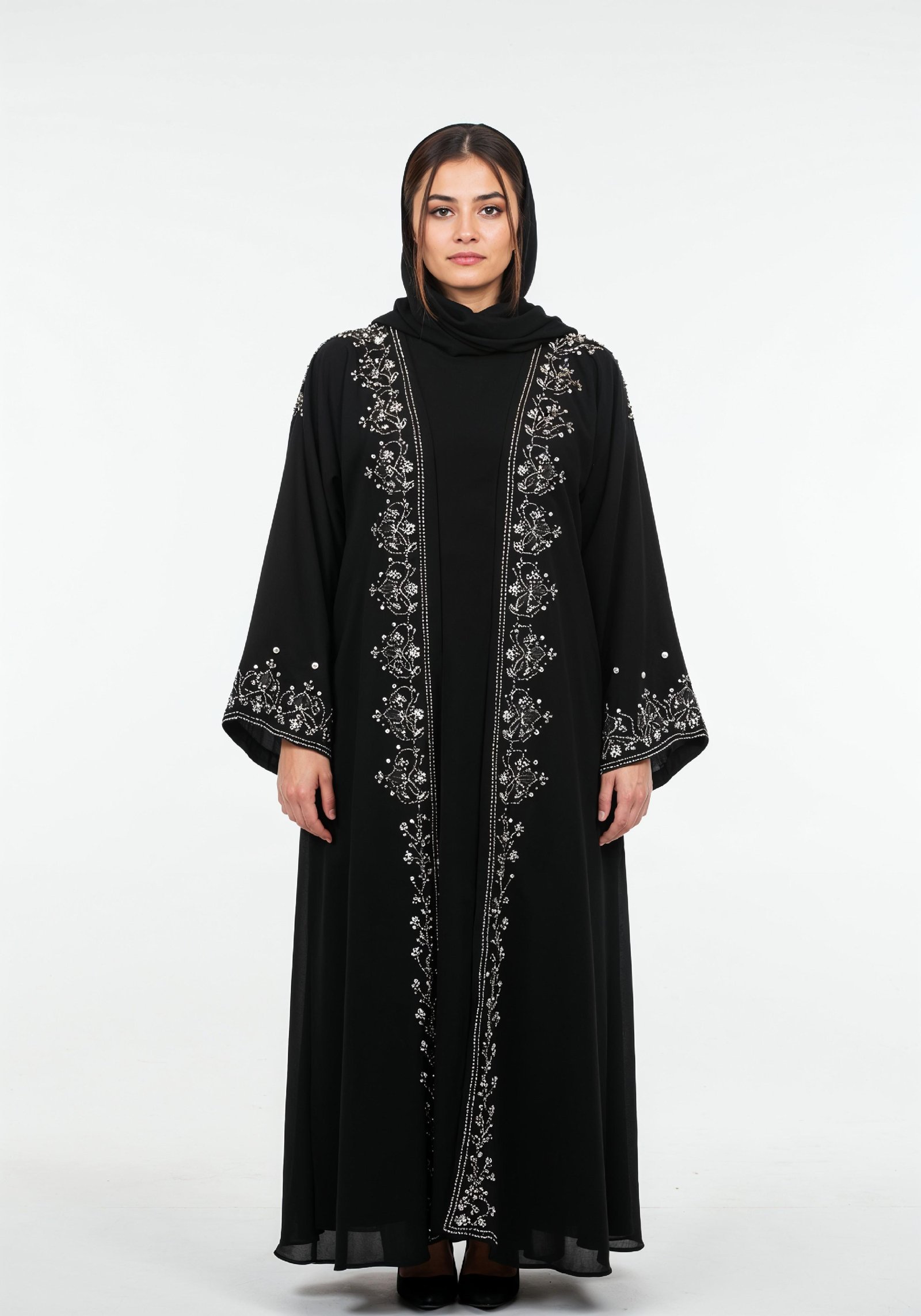 Elegant Muslim Woman in Black Embroidered Abaya and Hijab Full Length Fashion Portrait