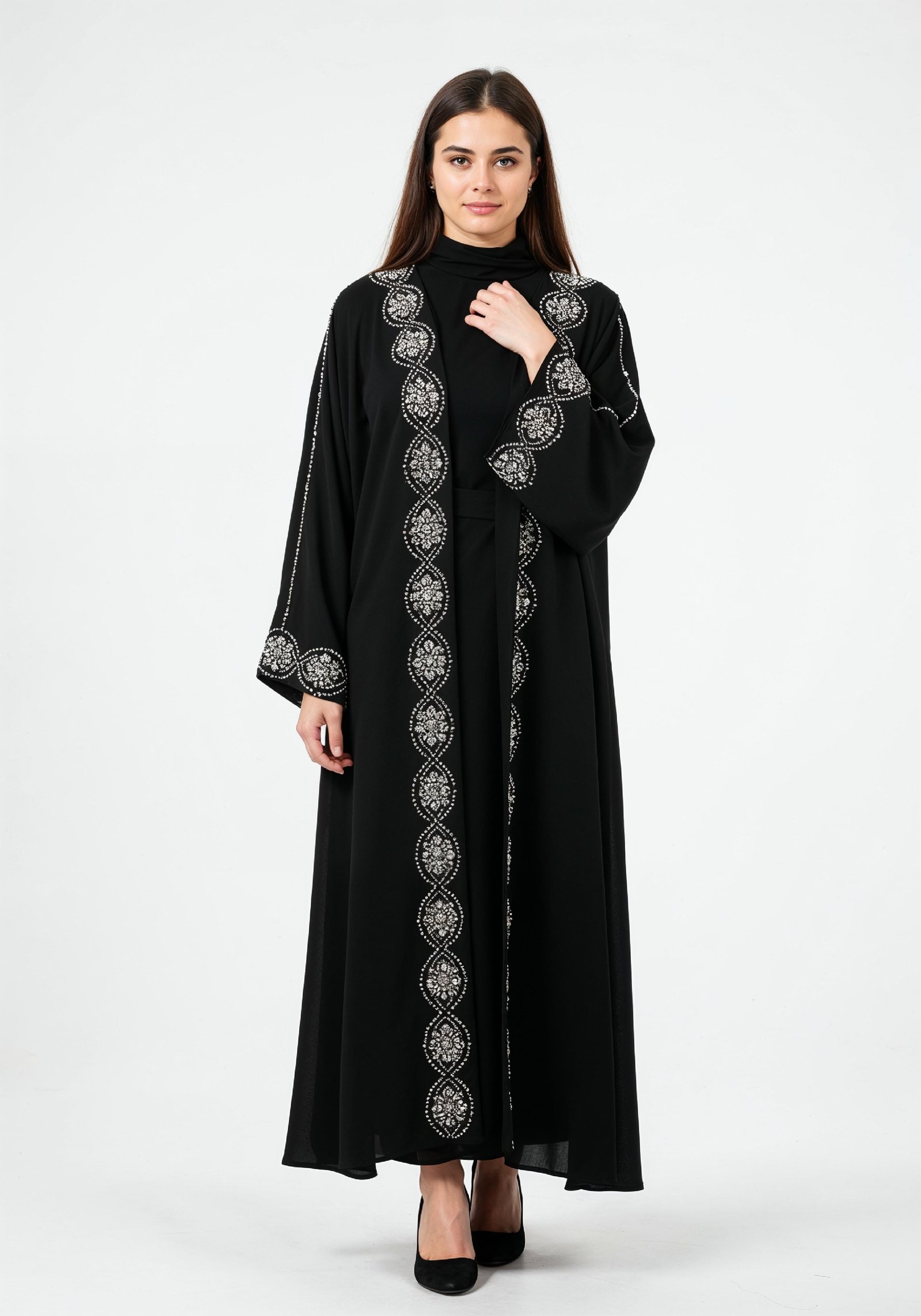 Elegant Muslim Woman in Black Embroidered Abaya and Hijab Full Length Fashion Portrait