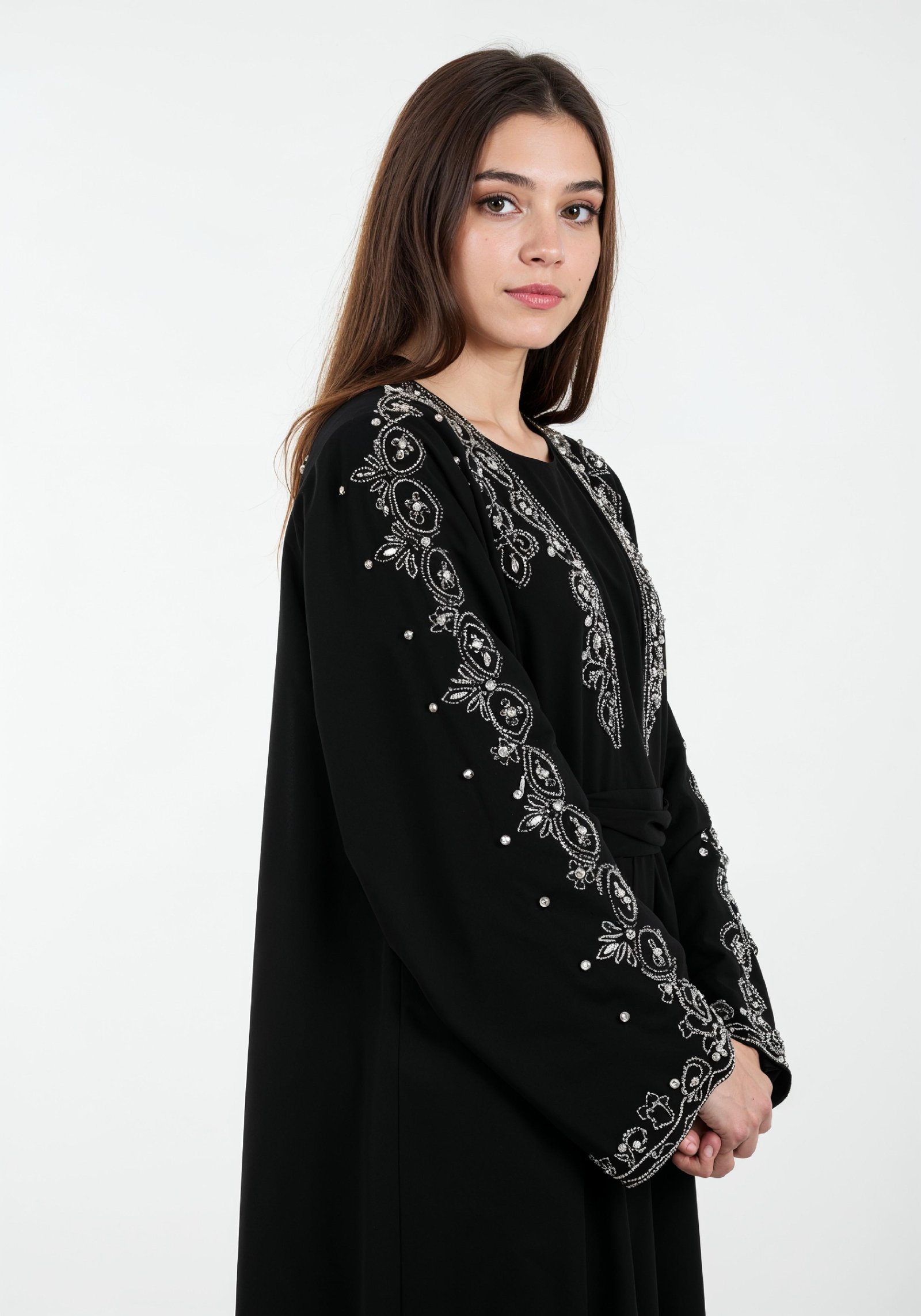 Elegant Muslim Woman in Black Embroidered Abaya and Hijab Full Length Fashion Portrait
