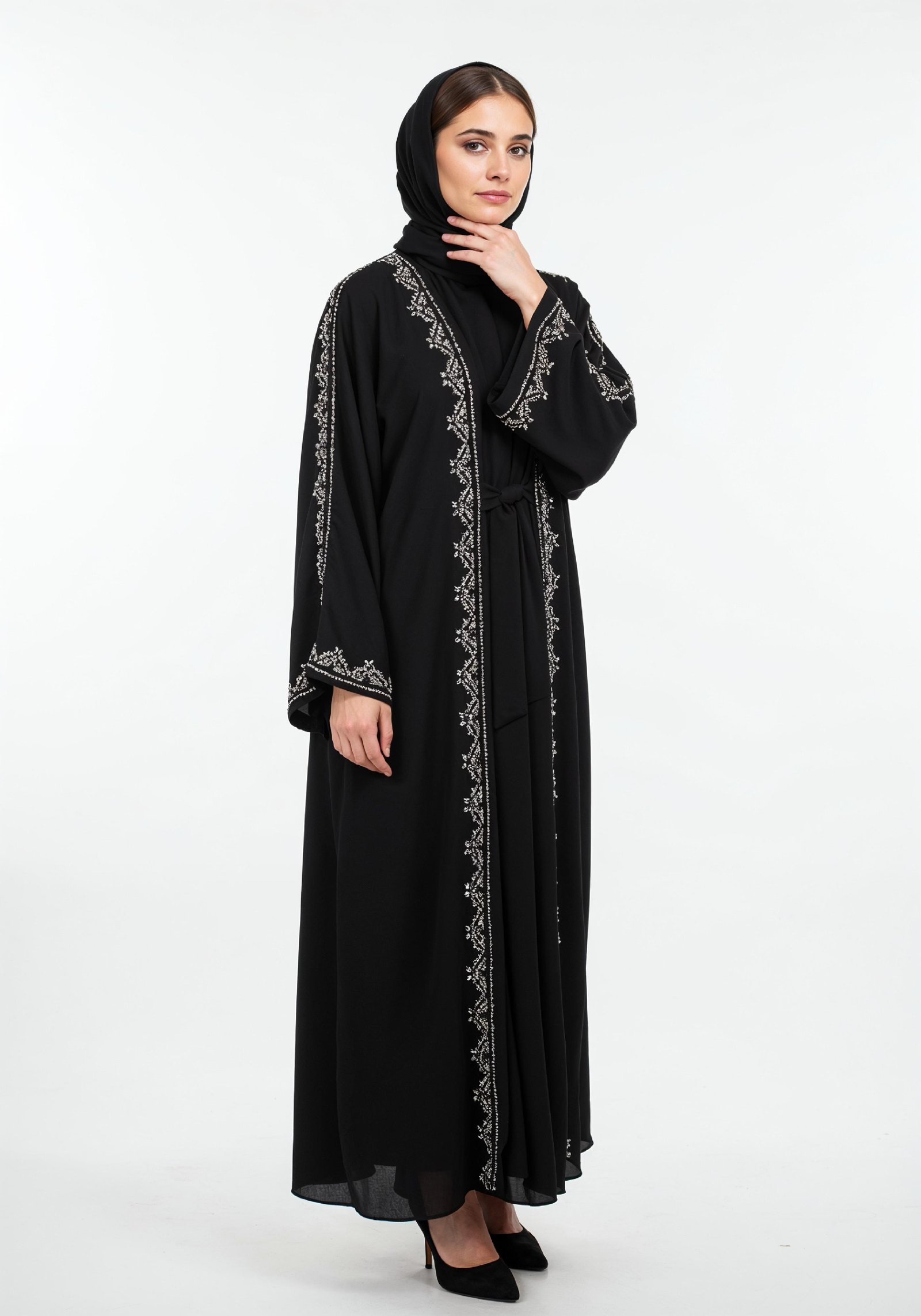 Elegant Muslim Woman in Black Embroidered Abaya and Hijab Full Length Fashion Portrait