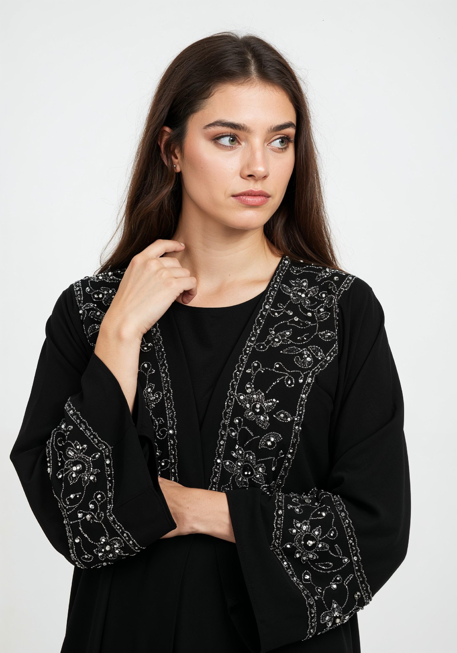 Elegant Muslim Woman in Black Embroidered Abaya and Hijab Full Length Fashion Portrait