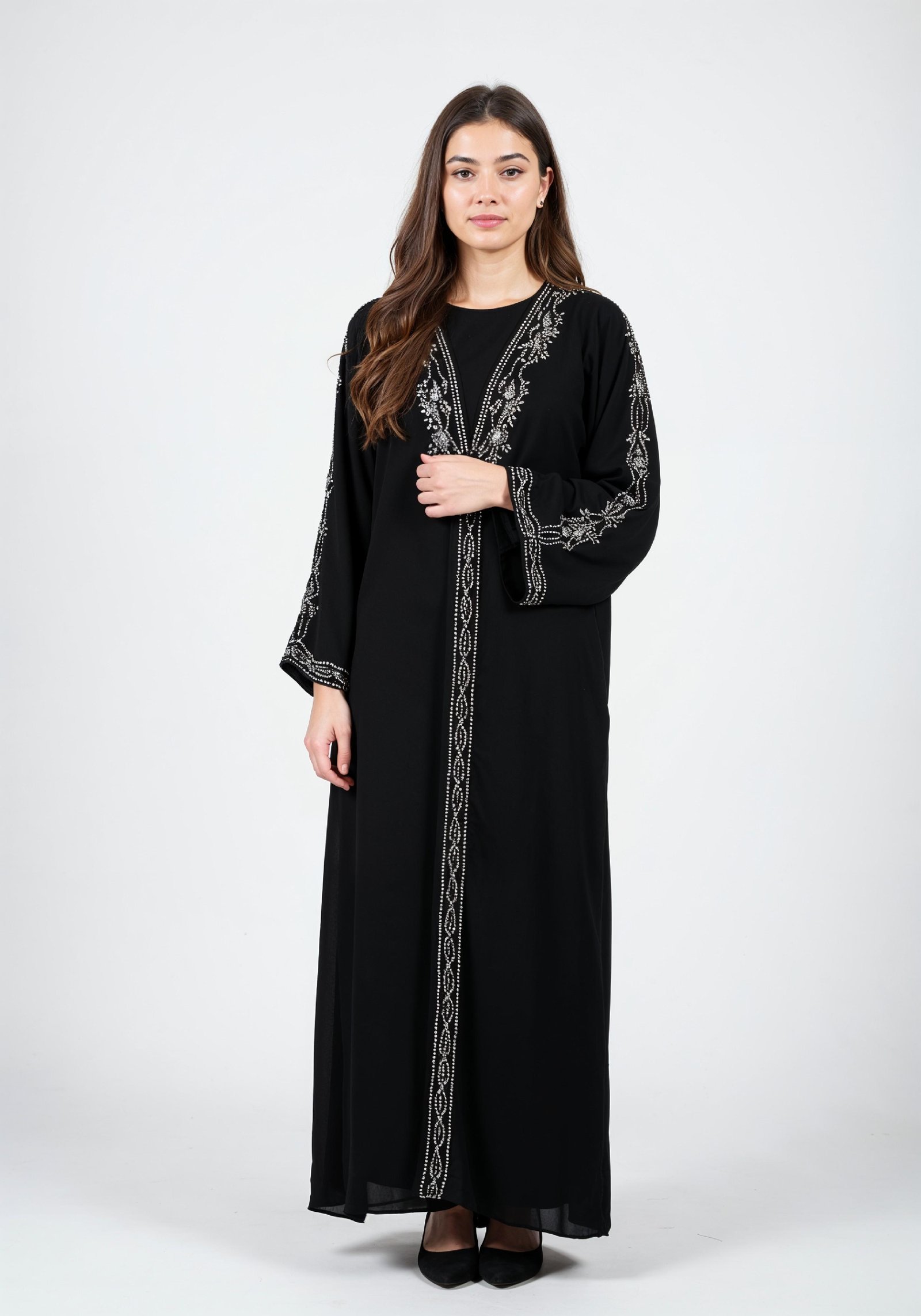 Elegant Muslim Woman in Black Embroidered Abaya and Hijab Full Length Fashion Portrait