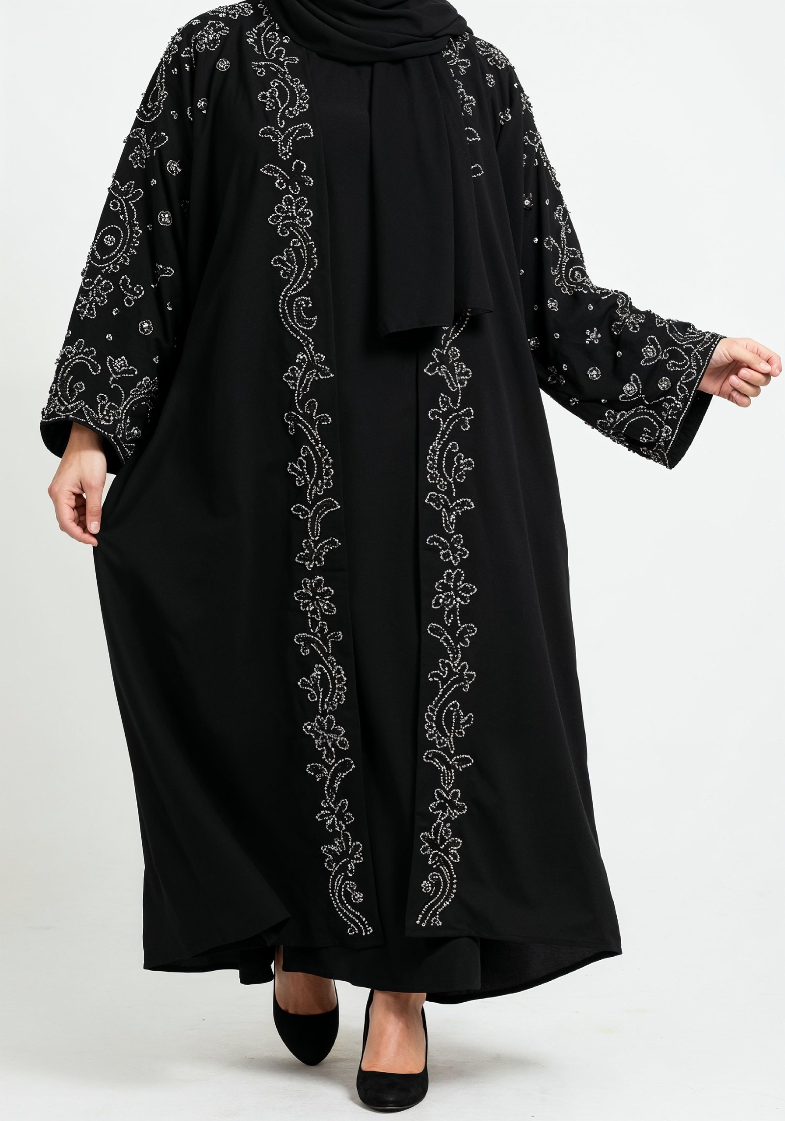 Elegant Muslim Woman in Black Embroidered Abaya and Hijab Full Length Fashion Portrait