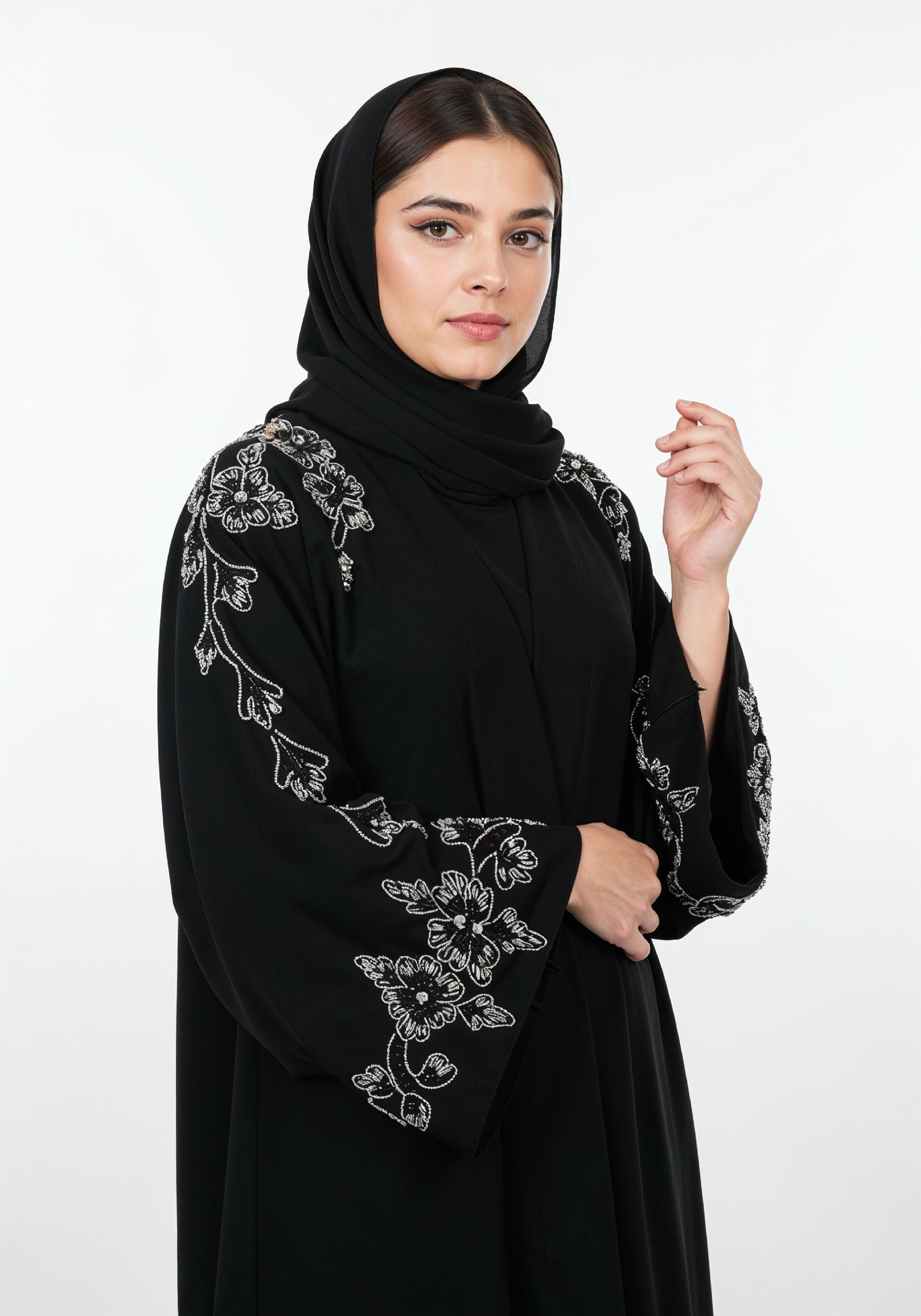 Elegant Muslim Woman in Black Embroidered Abaya and Hijab Full Length Fashion Portrait