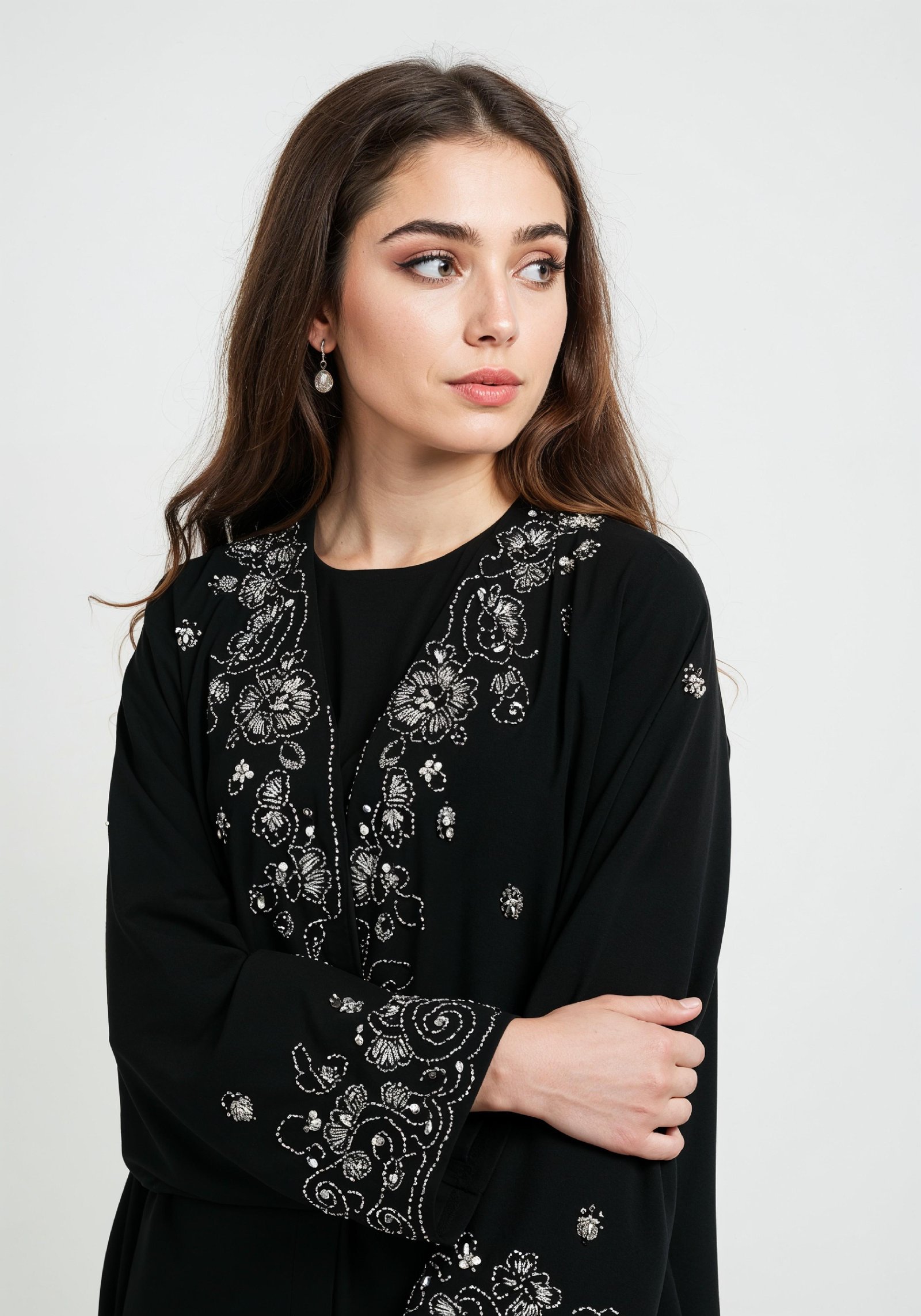 Elegant Muslim Woman in Black Embroidered Abaya and Hijab Full Length Fashion Portrait
