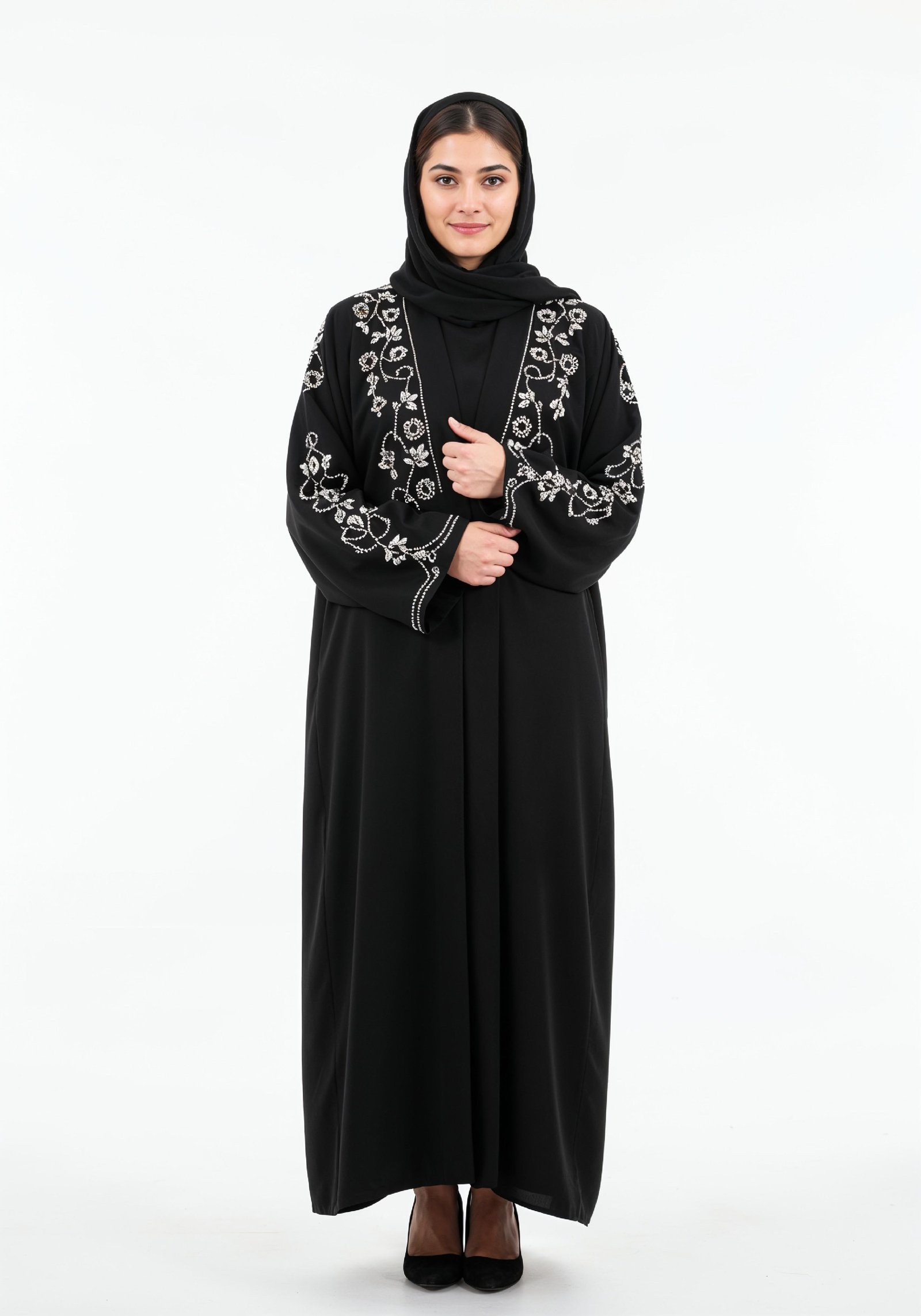 Elegant Muslim Woman in Black Embroidered Abaya and Hijab Full Length Fashion Portrait