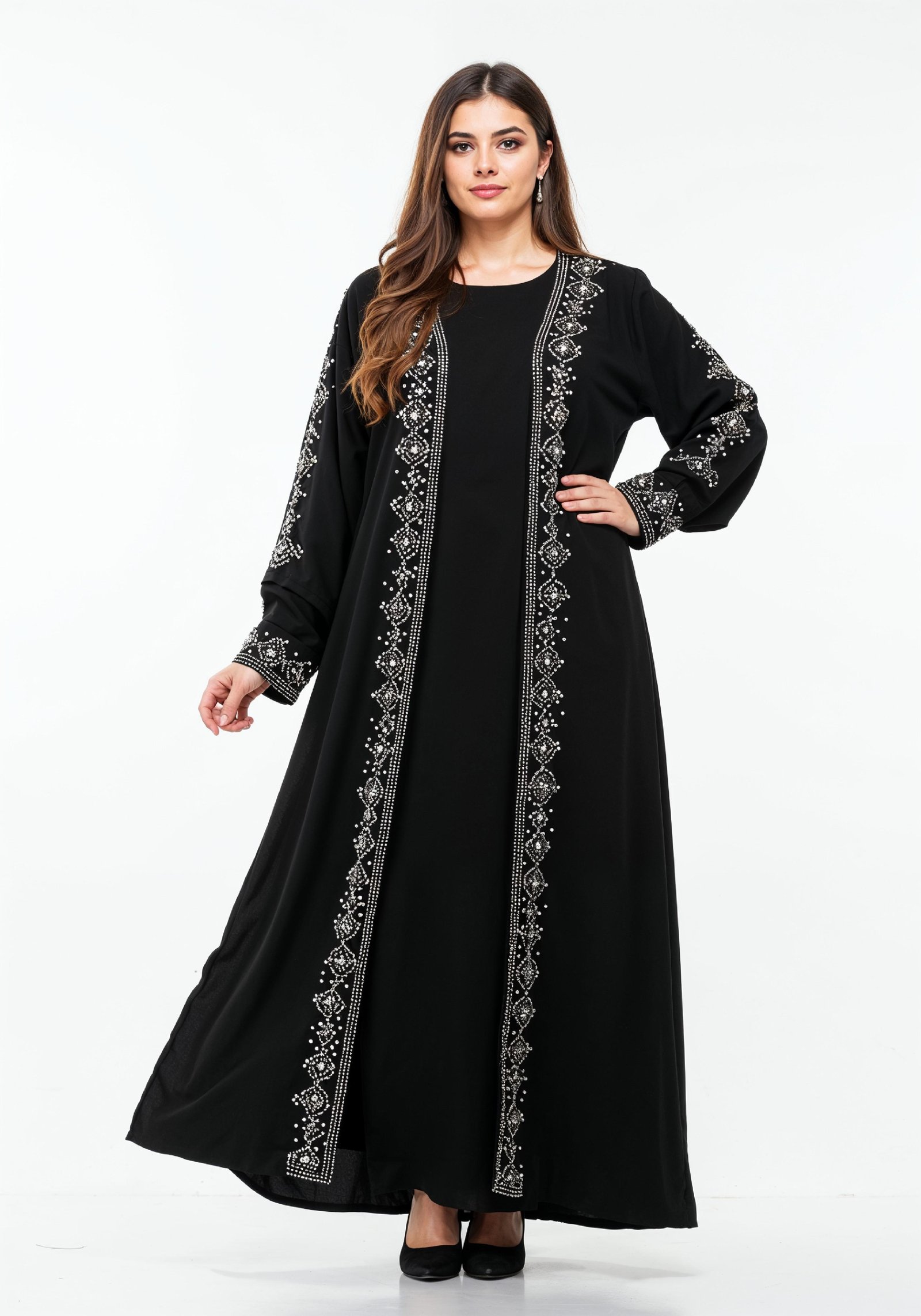 Elegant Muslim Woman in Black Embroidered Abaya and Hijab Full Length Fashion Portrait