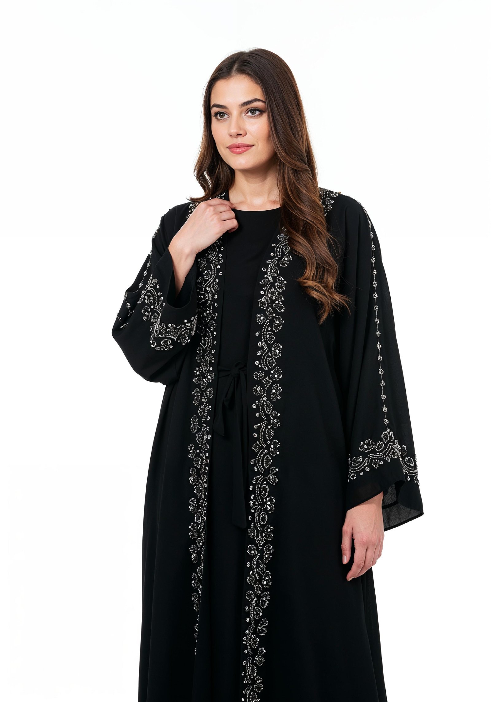 Elegant Muslim Woman in Black Embroidered Abaya and Hijab Full Length Fashion Portrait