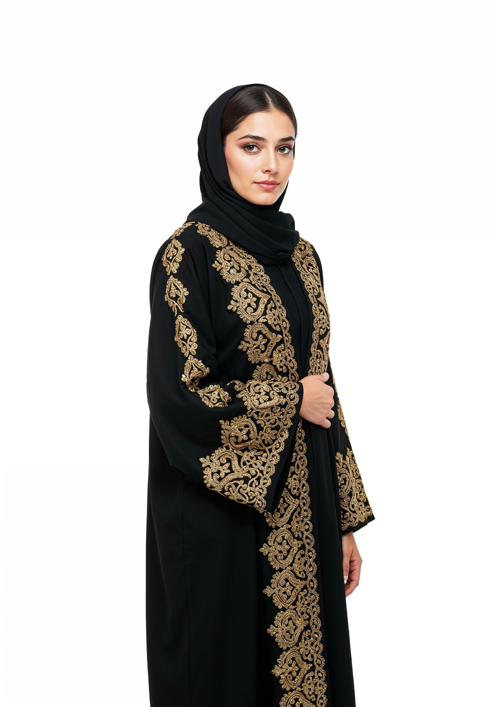 Elegant Muslim Woman Wearing Luxury Black and Gold Embroidered Abaya