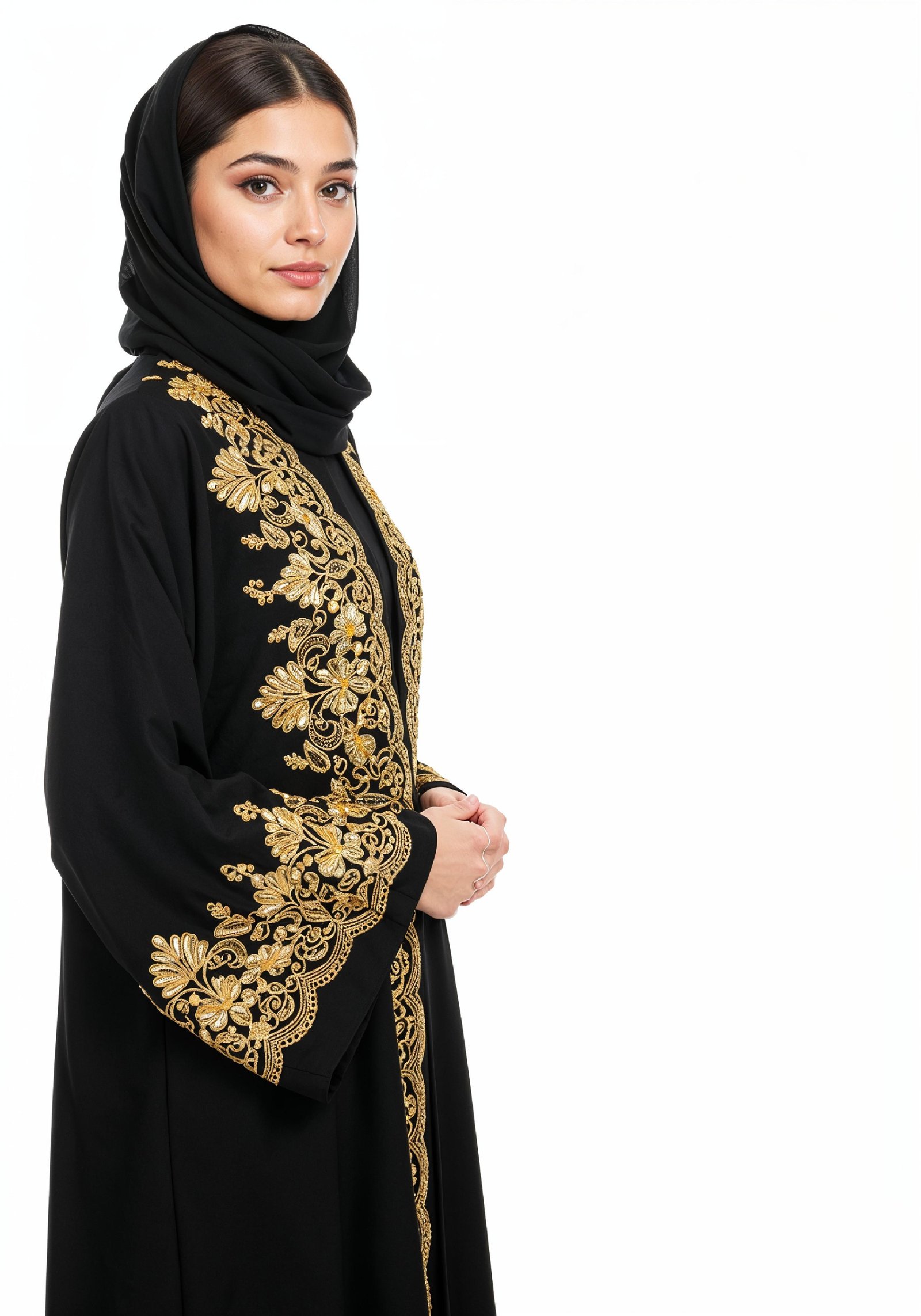 Elegant Muslim Woman Wearing Luxury Black and Gold Embroidered Abaya