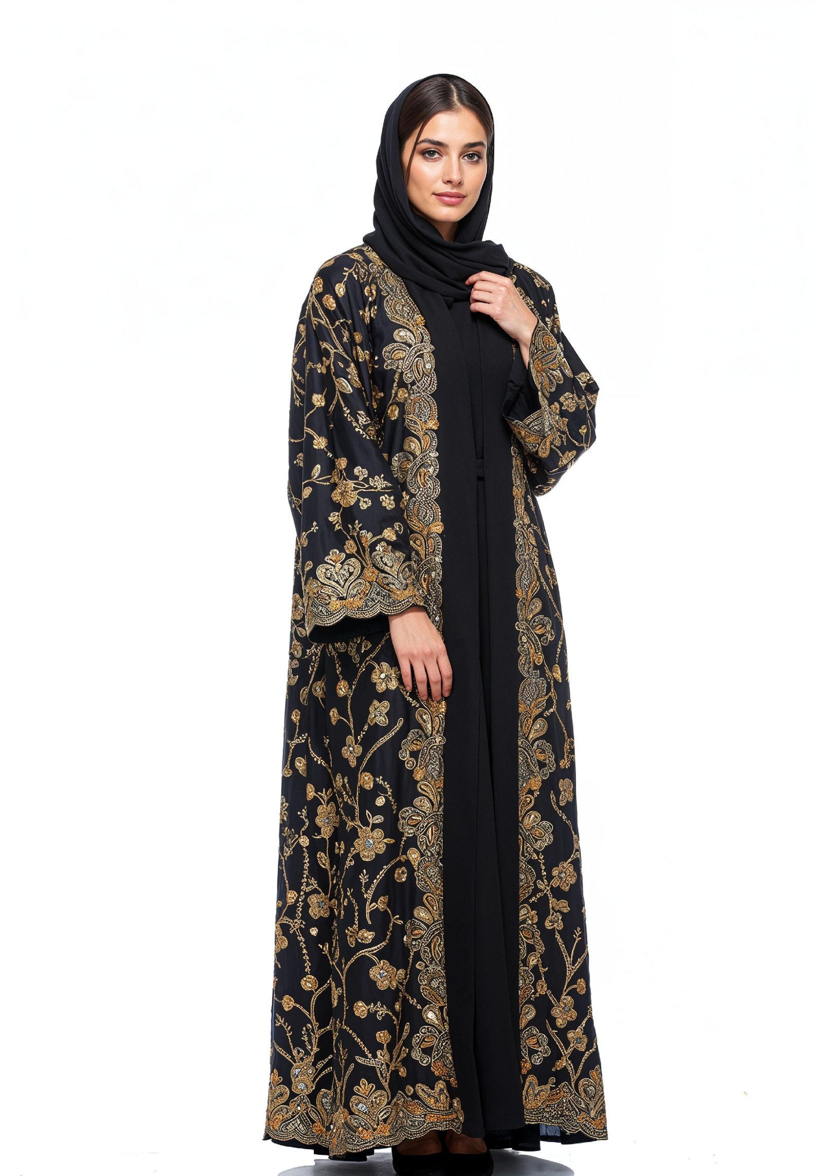 Elegant Muslim Woman Wearing Luxury Black and Gold Embroidered Abaya