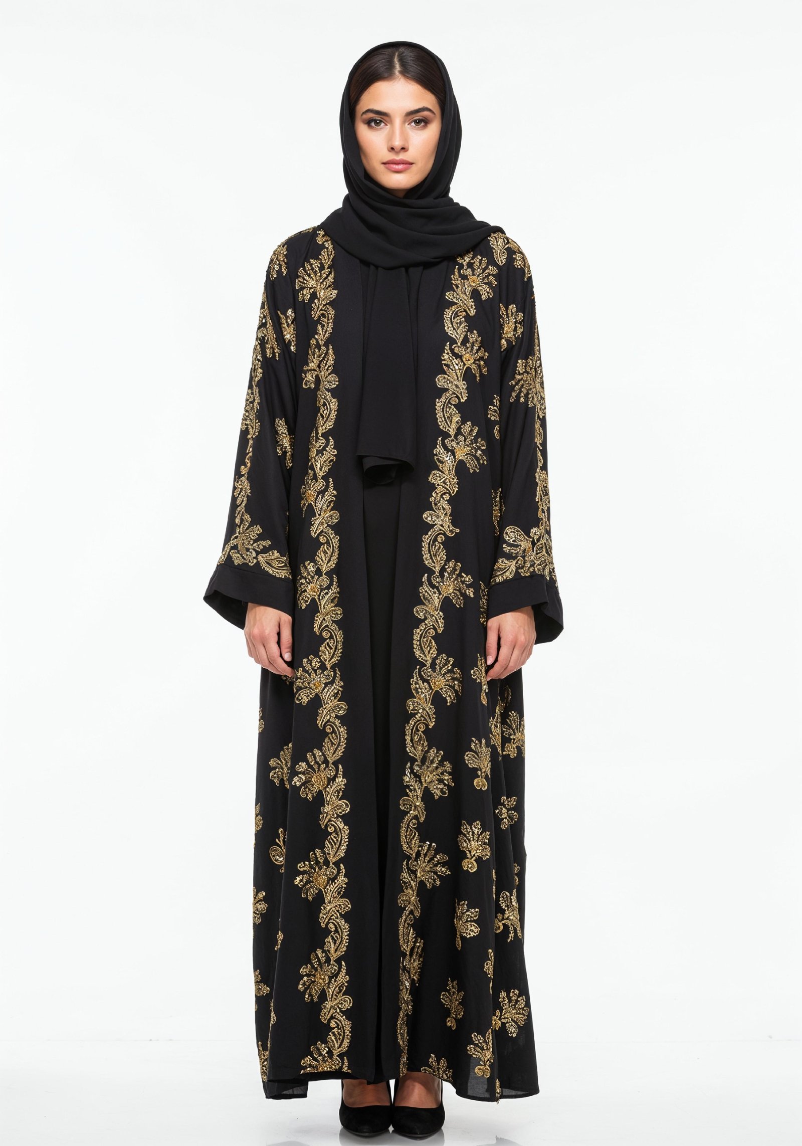Elegant Muslim Woman Wearing Luxury Black and Gold Embroidered Abaya
