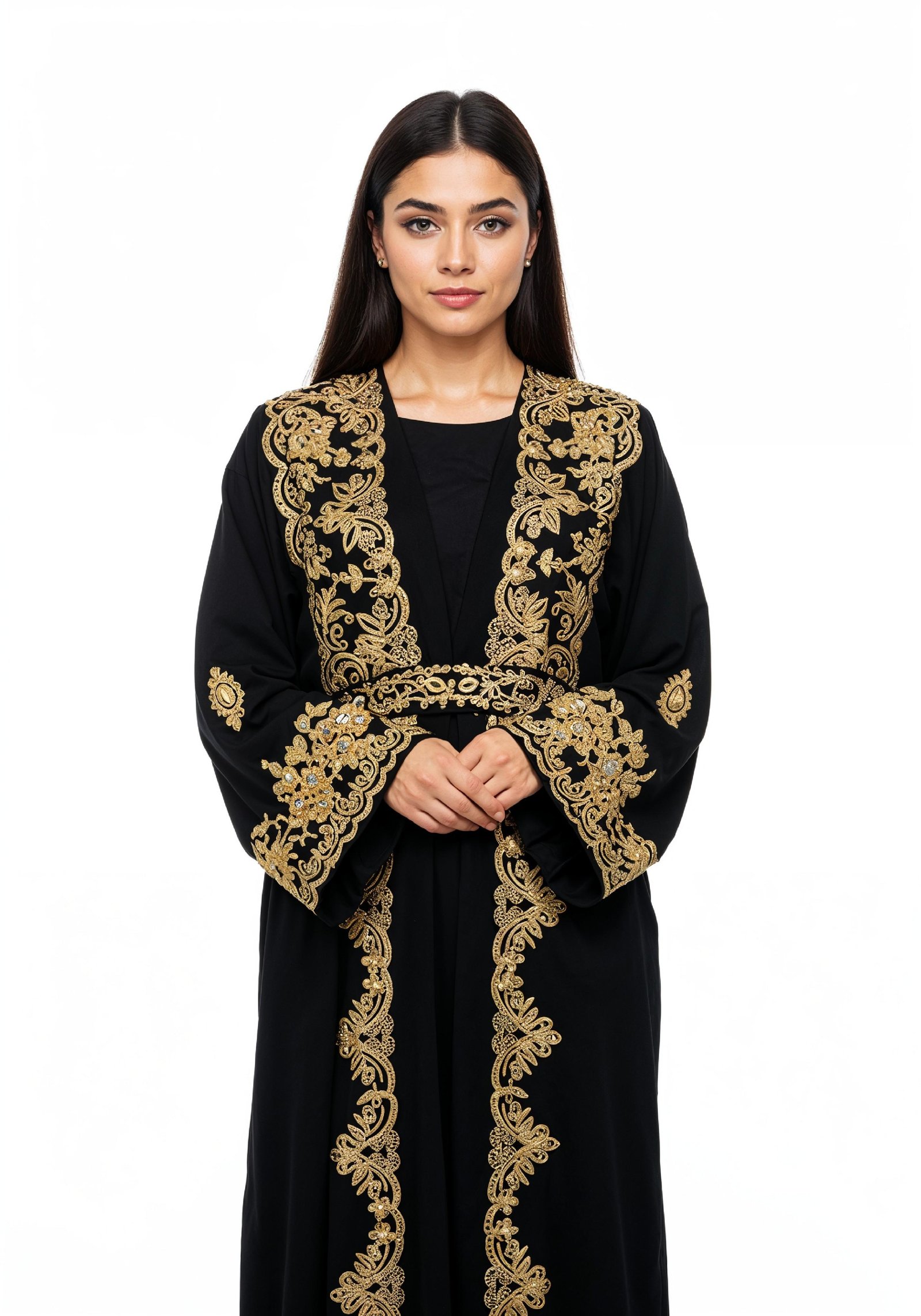 Elegant Muslim Woman Wearing Luxury Black and Gold Embroidered Abaya