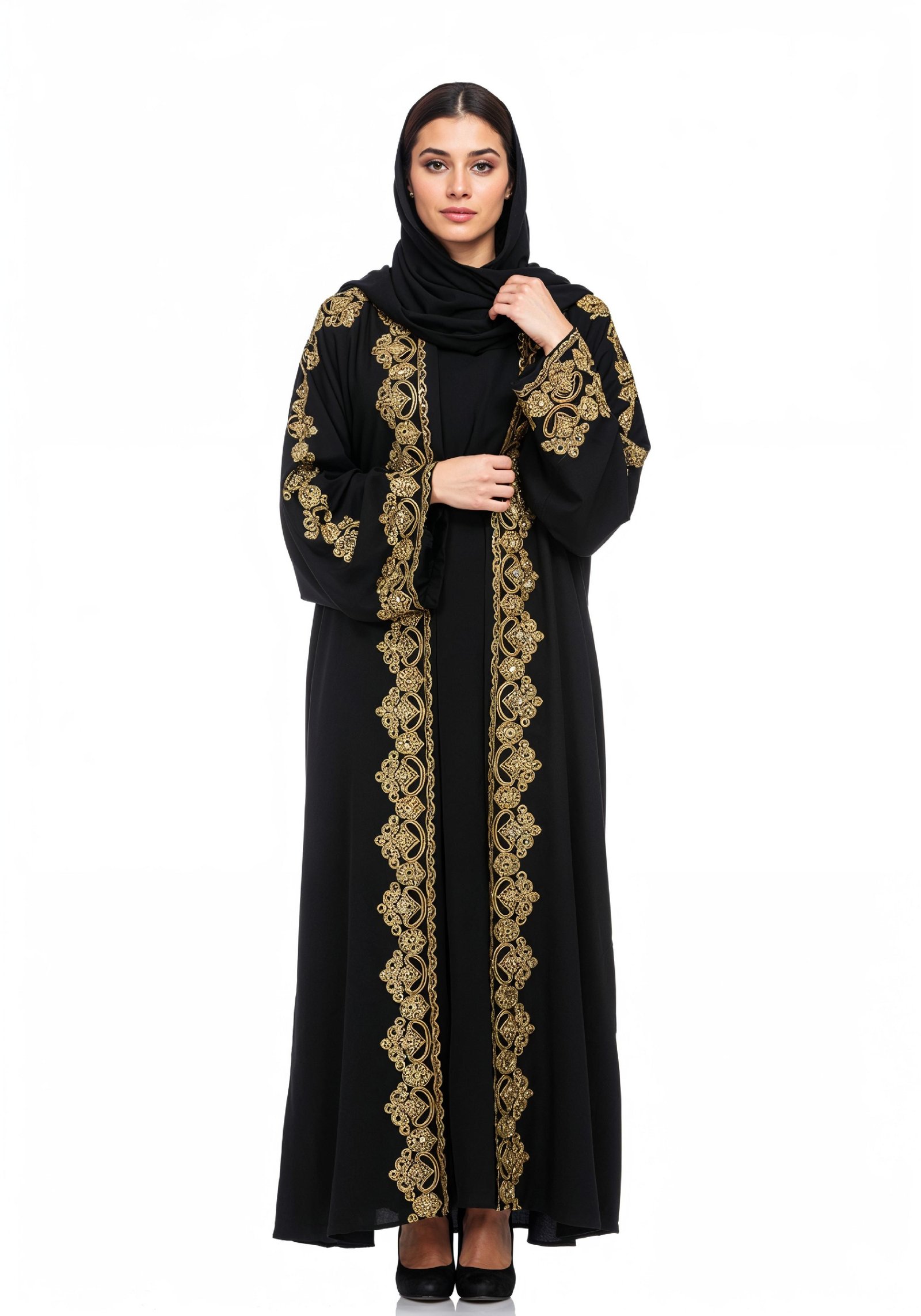 Elegant Muslim Woman Wearing Luxury Black and Gold Embroidered Abaya