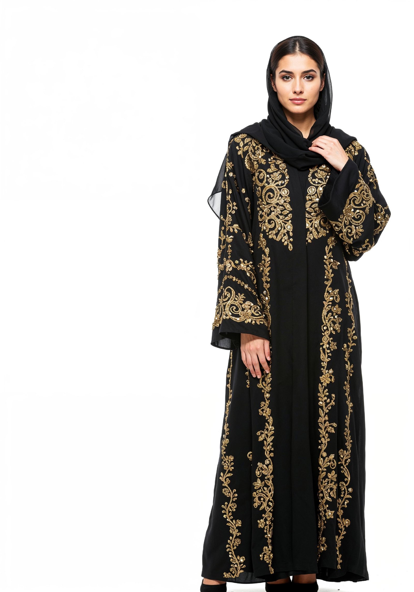 Elegant Muslim Woman Wearing Luxury Black and Gold Embroidered Abaya