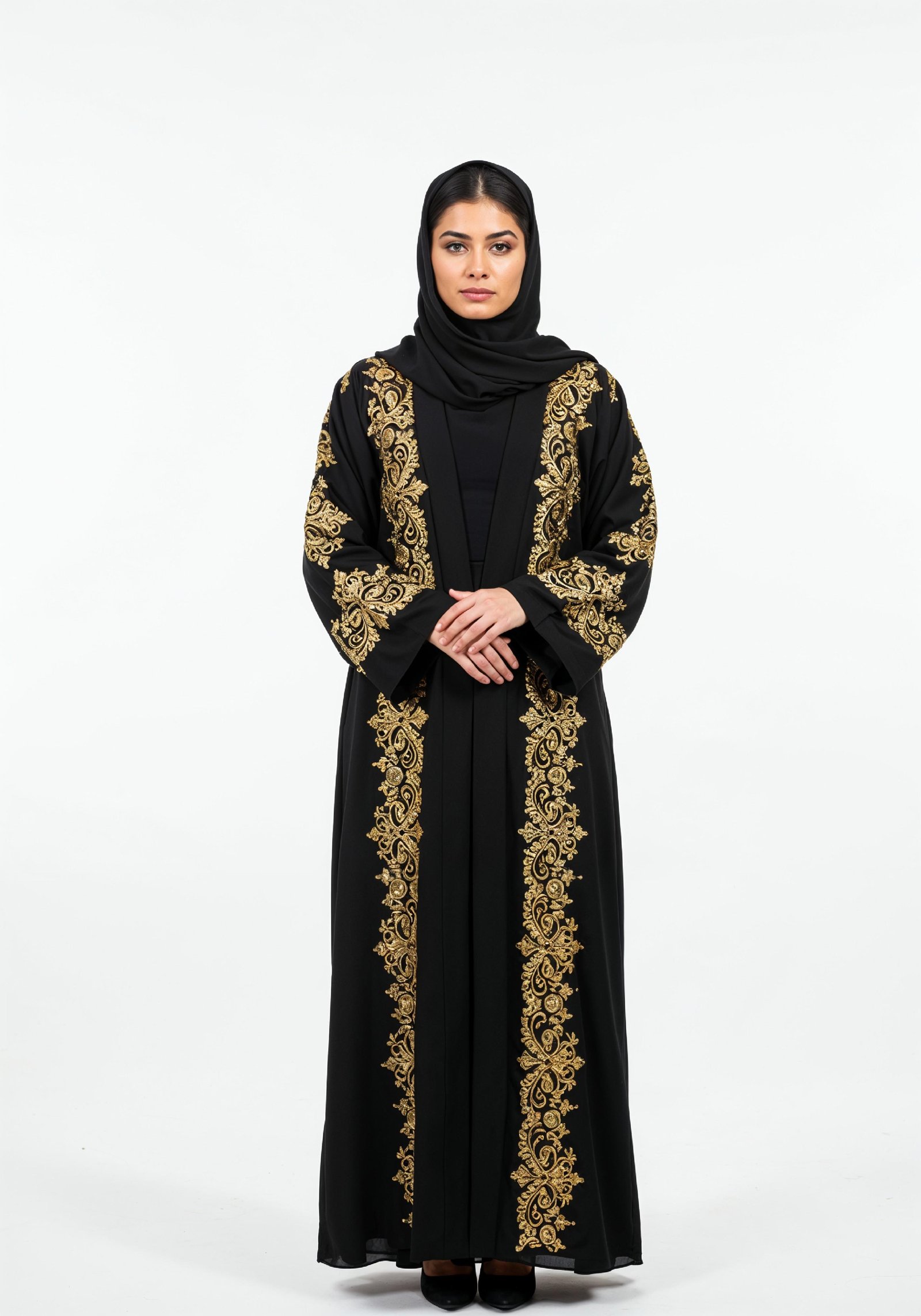 Elegant Muslim Woman Wearing Luxury Black and Gold Embroidered Abaya