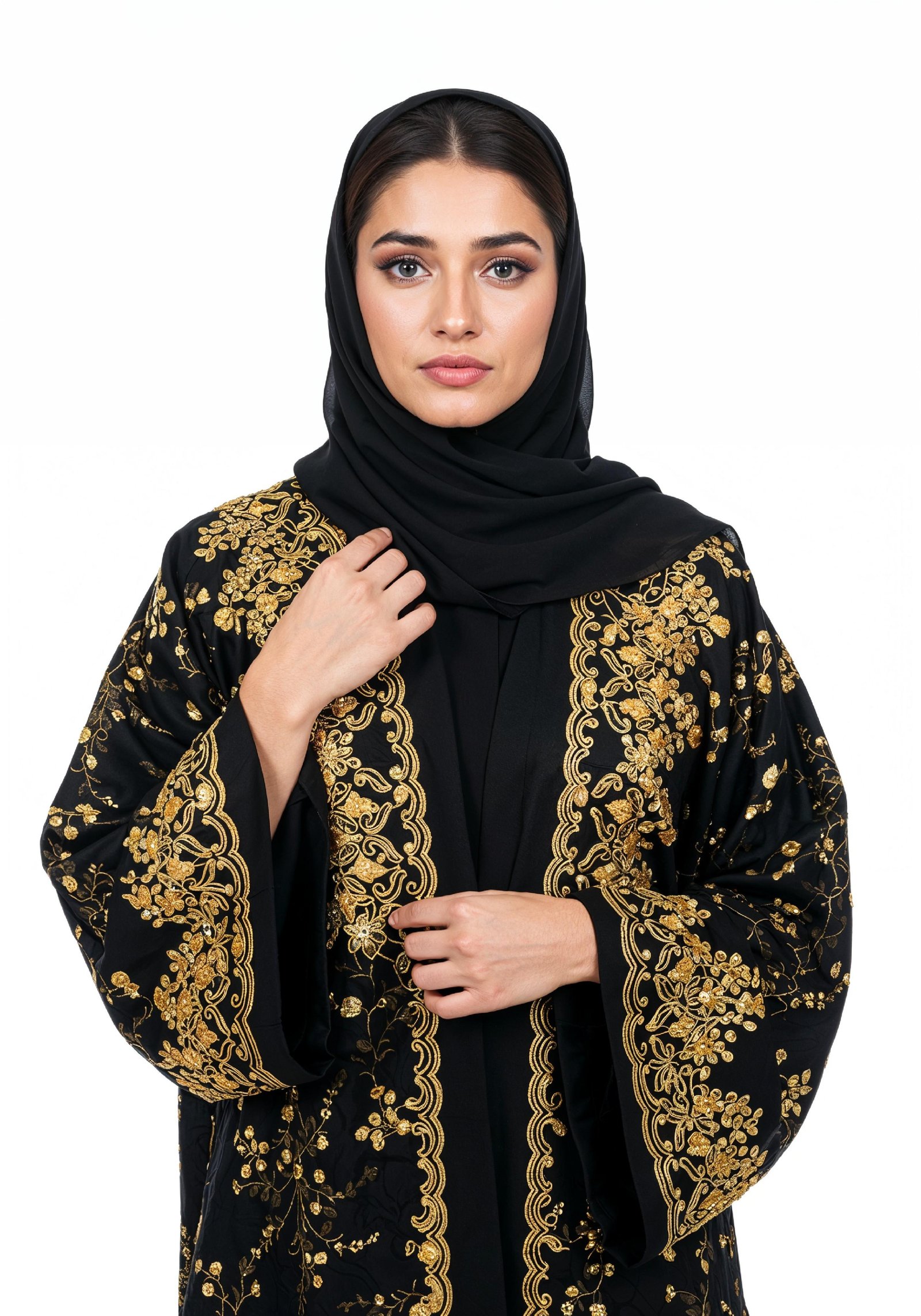 Elegant Muslim Woman Wearing Luxury Black and Gold Embroidered Abaya