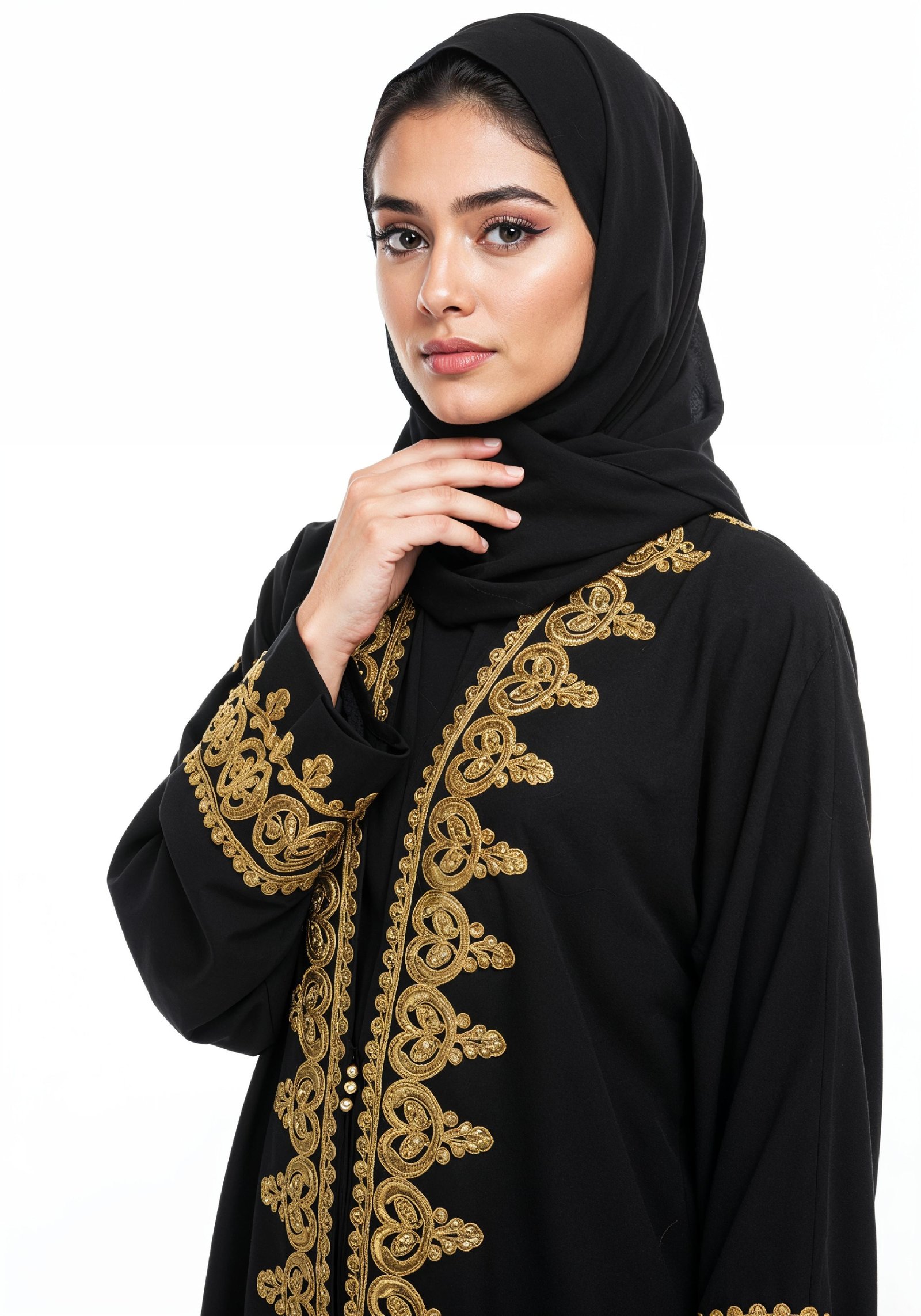 Elegant Muslim Woman Wearing Luxury Black and Gold Embroidered Abaya