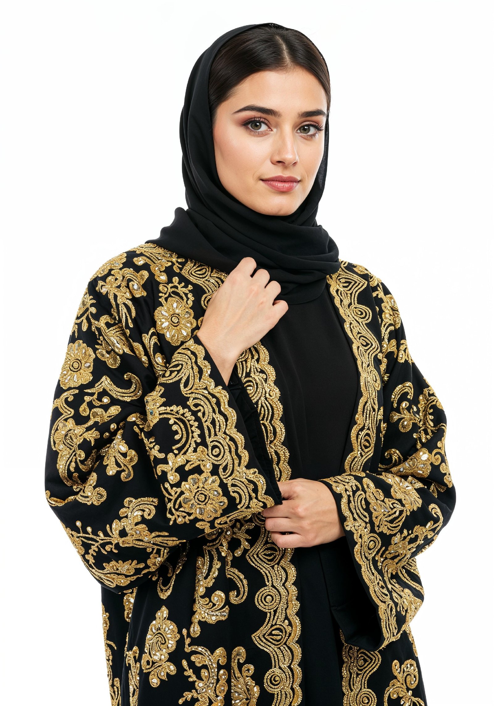 Elegant Muslim Woman Wearing Luxury Black and Gold Embroidered Abaya
