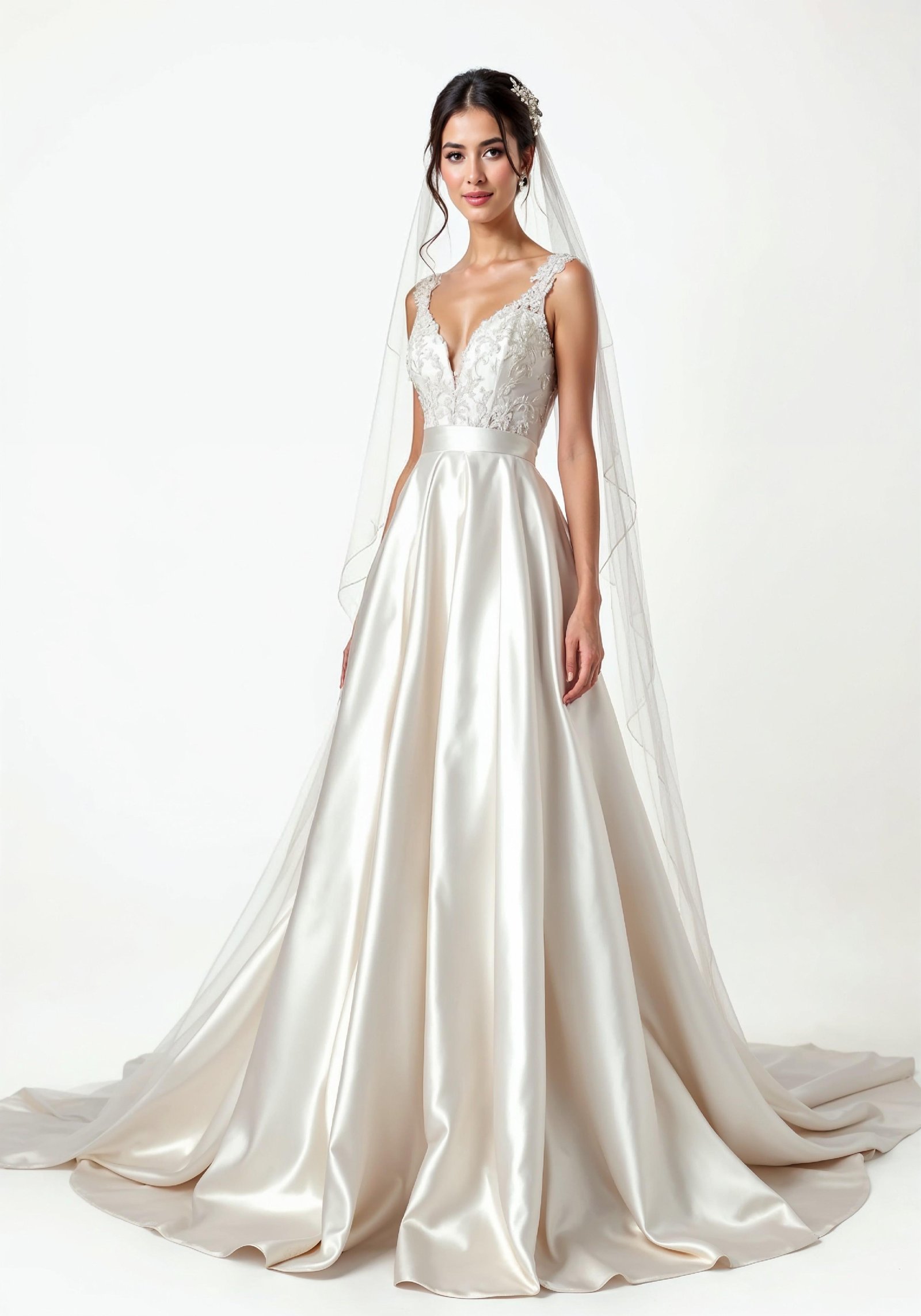 Elegant Young Bride in White Wedding Gown Posing in Studio on Light Background