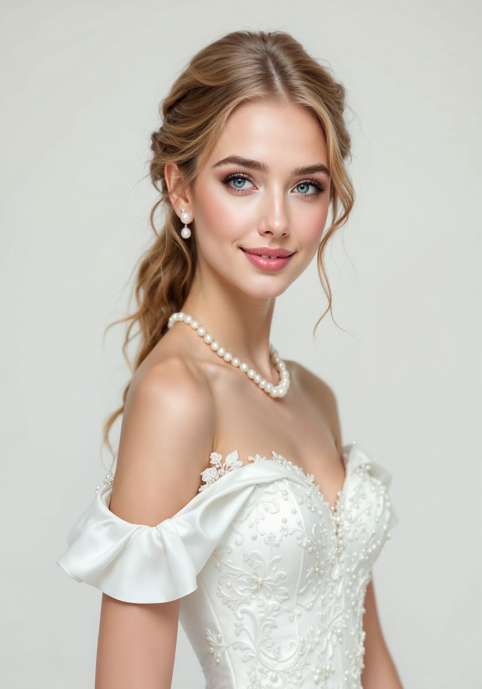 Elegant Young Bride in White Wedding Gown Posing in Studio on Light Background