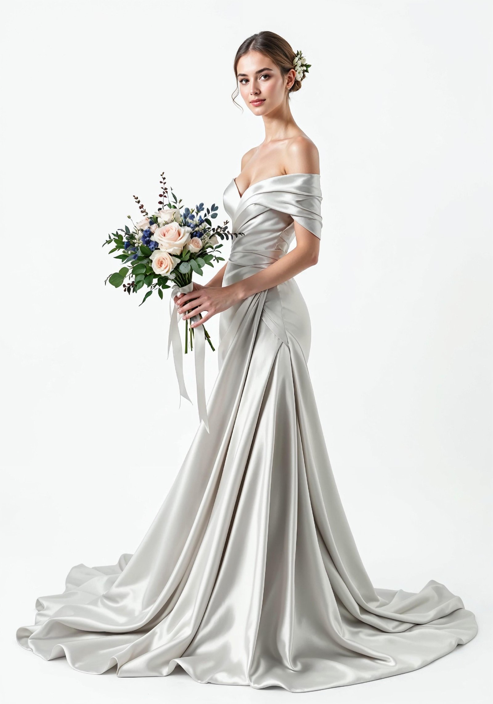 Elegant Young Bride in White Wedding Gown Posing in Studio on Light Background