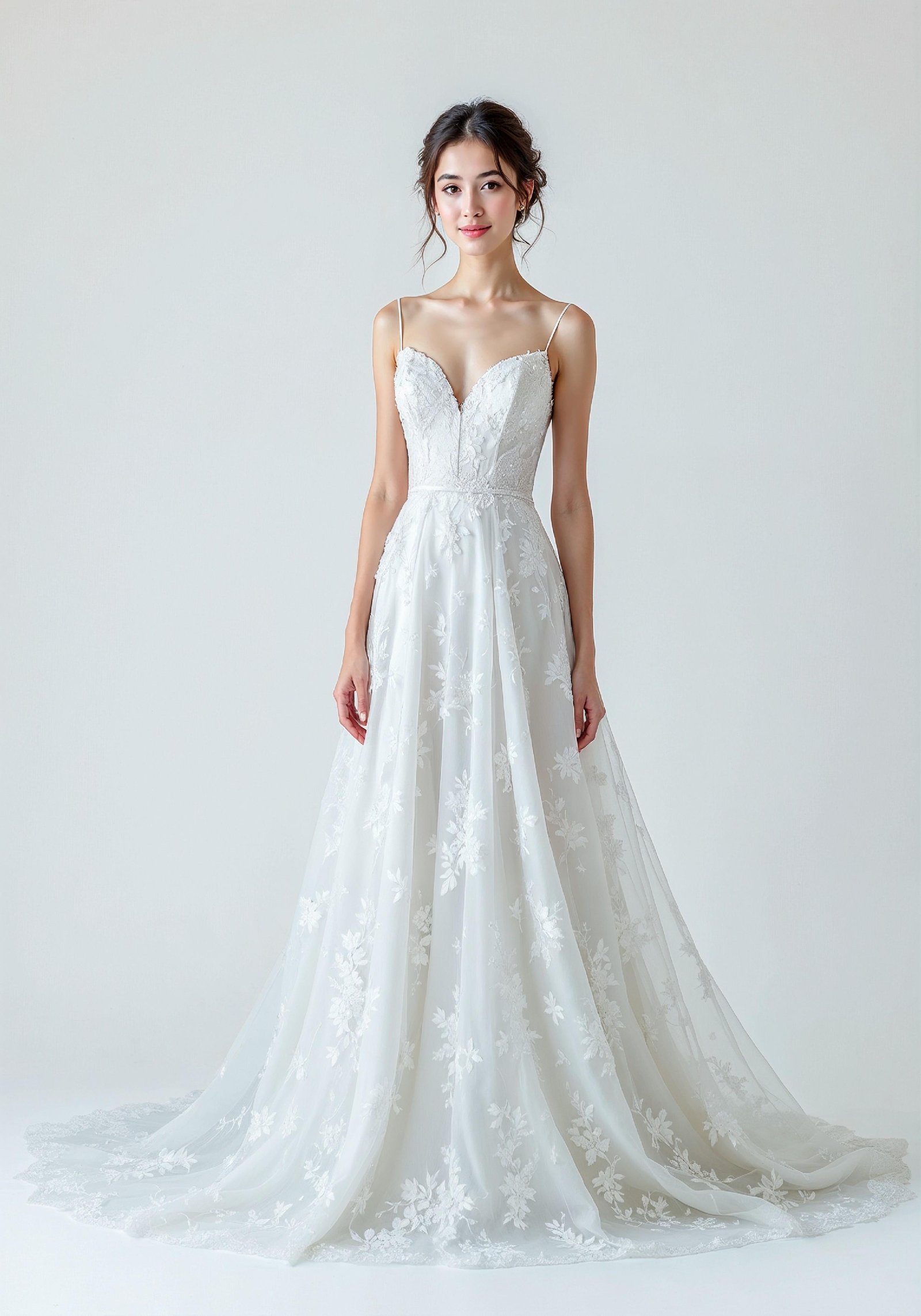 Elegant Young Bride in White Wedding Gown Posing in Studio on Light Background