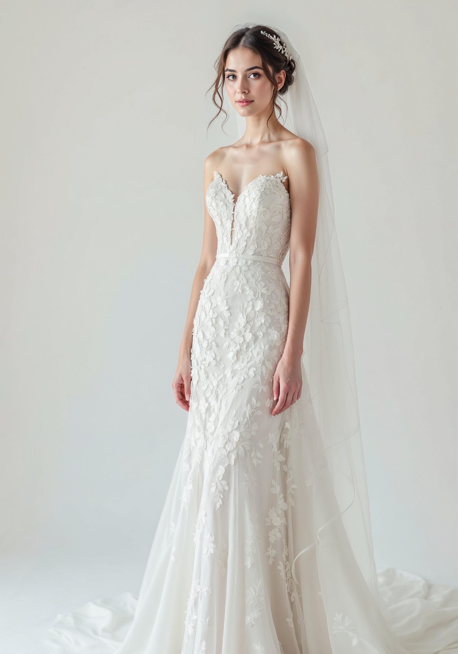 Elegant Young Bride in White Wedding Gown Posing in Studio on Light Background