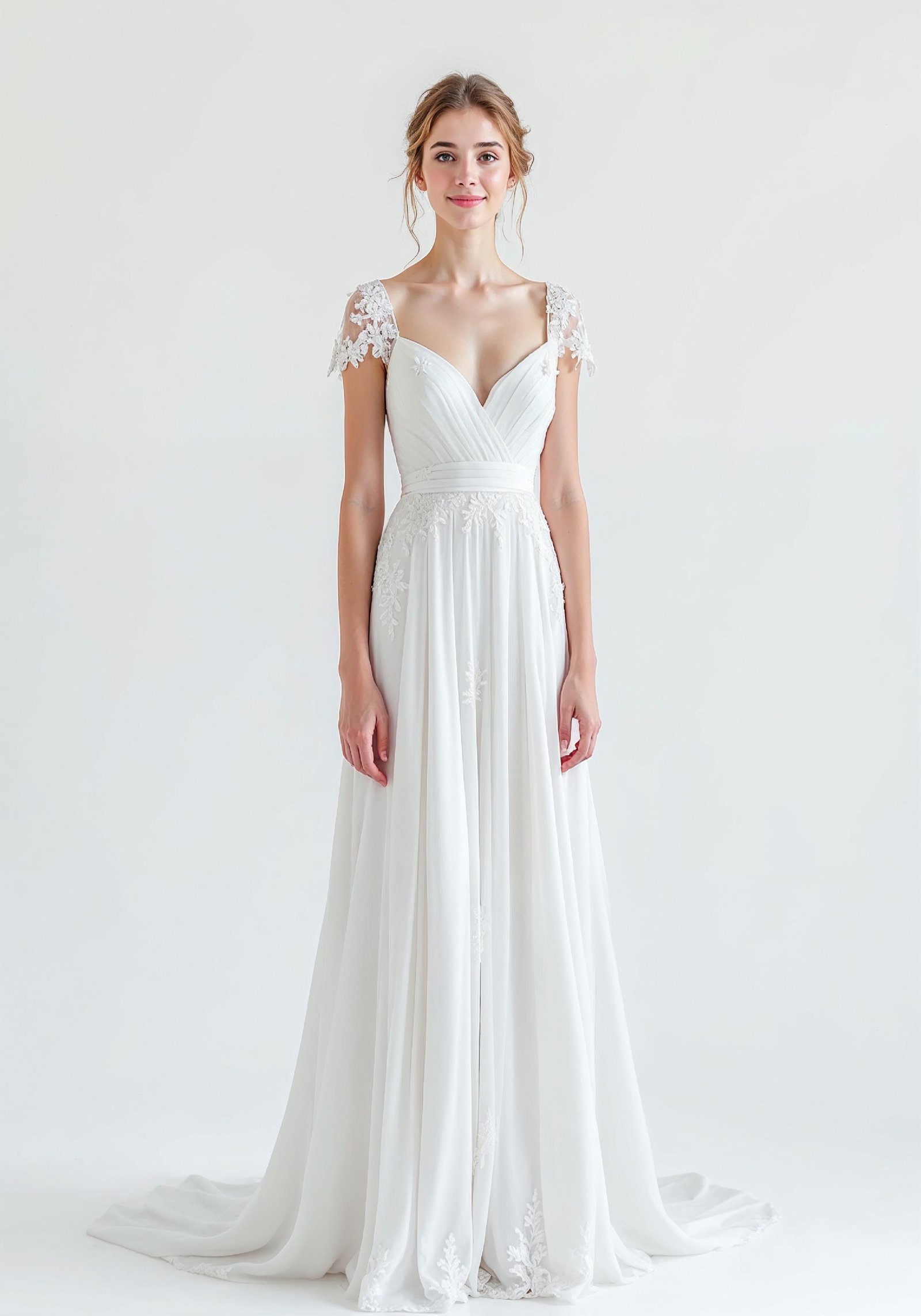 Elegant Young Bride in White Wedding Gown Posing in Studio on Light Background