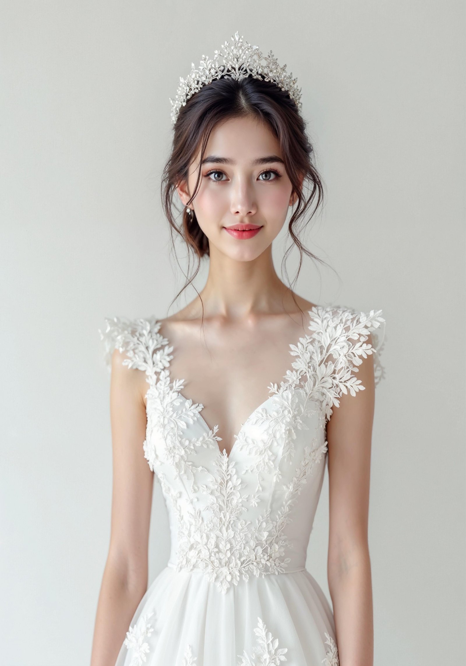 Elegant Young Bride in White Wedding Gown Posing in Studio on Light Background