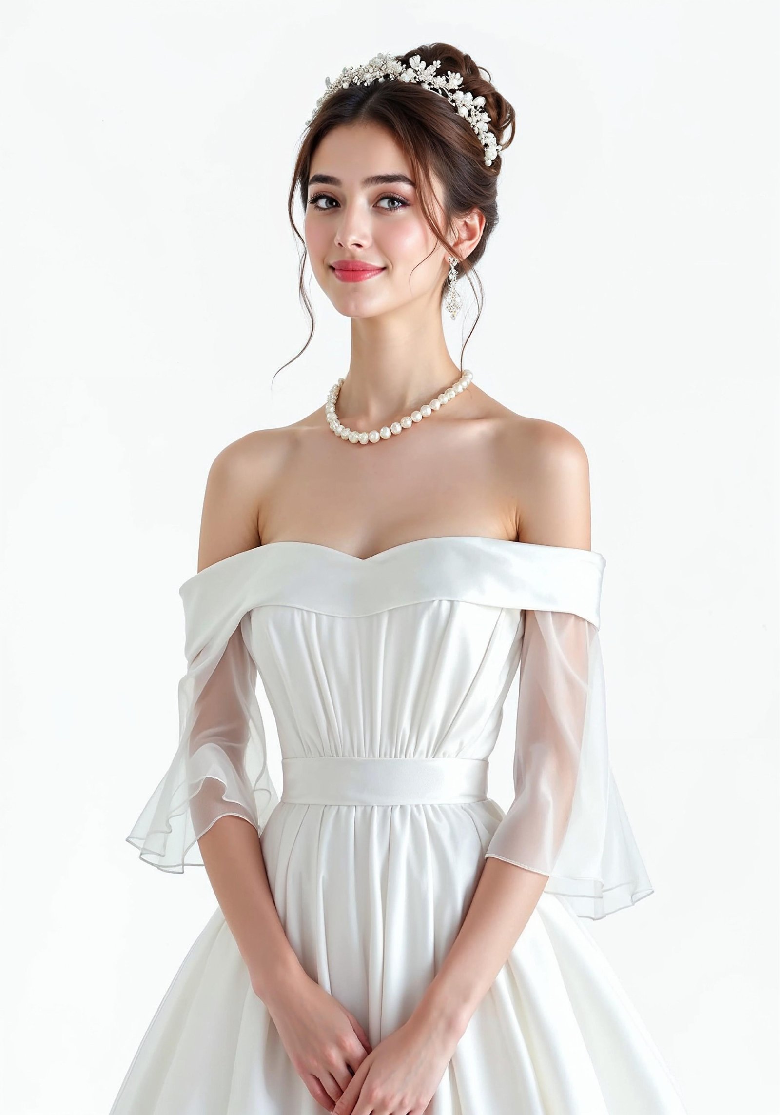 Elegant Young Bride in White Wedding Gown Posing in Studio on Light Background