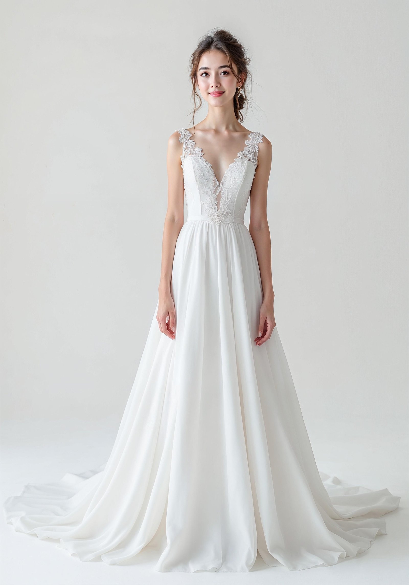 Elegant Young Bride in White Wedding Gown Posing in Studio on Light Background