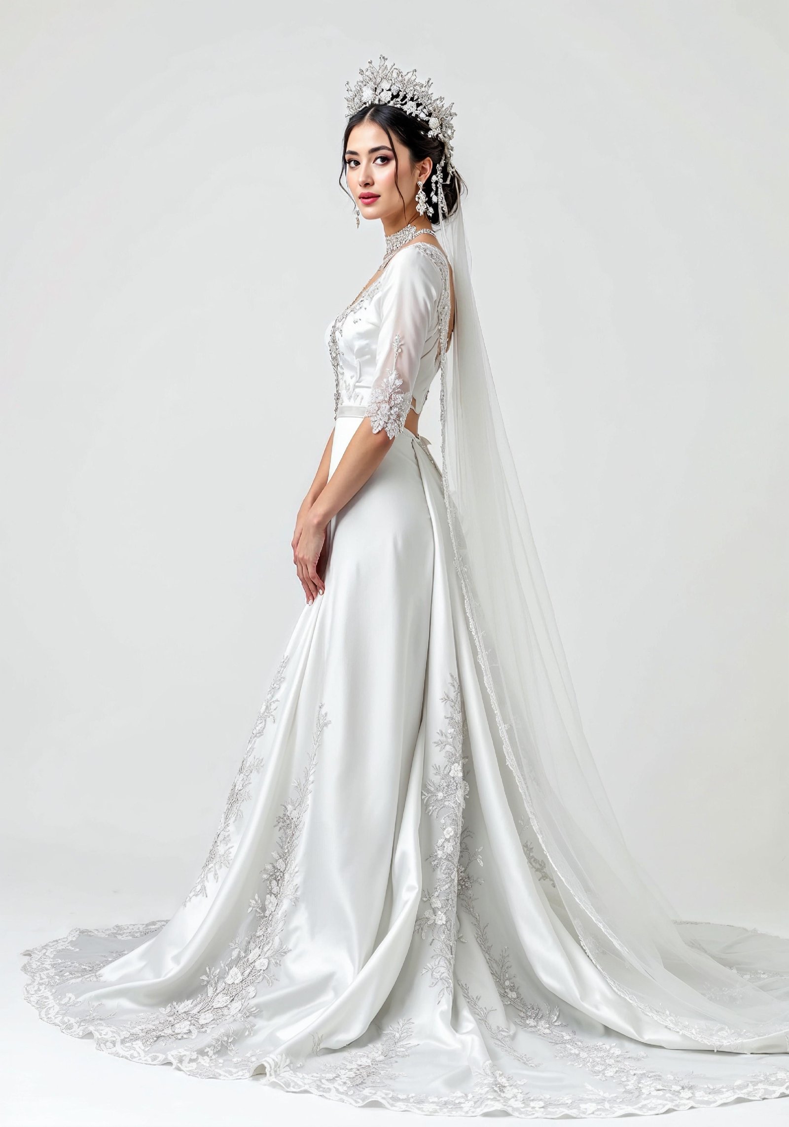 Elegant Young Bride in White Wedding Gown Posing in Studio on Light Background
