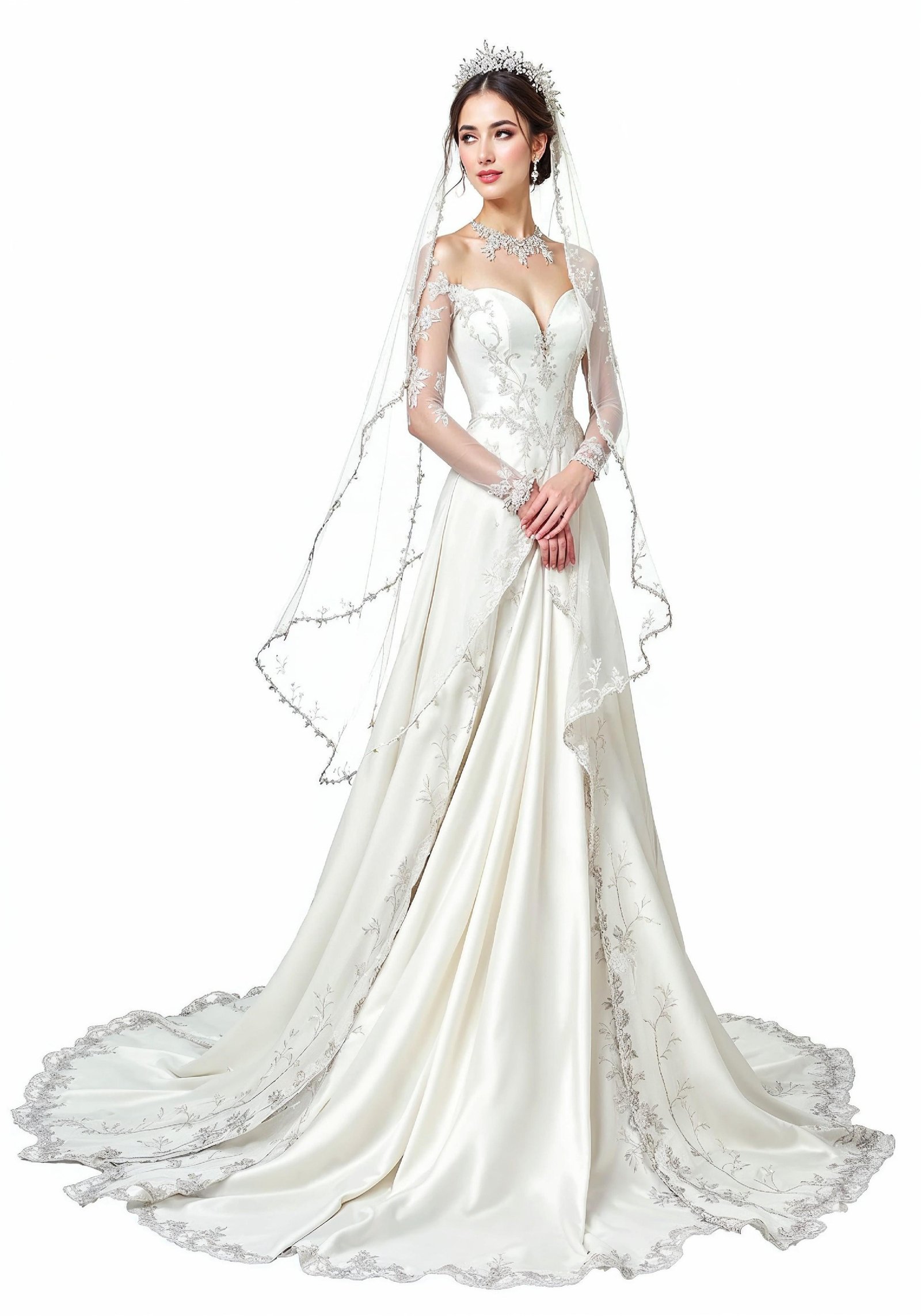 Elegant Young Bride in White Wedding Gown Posing in Studio on Light Background