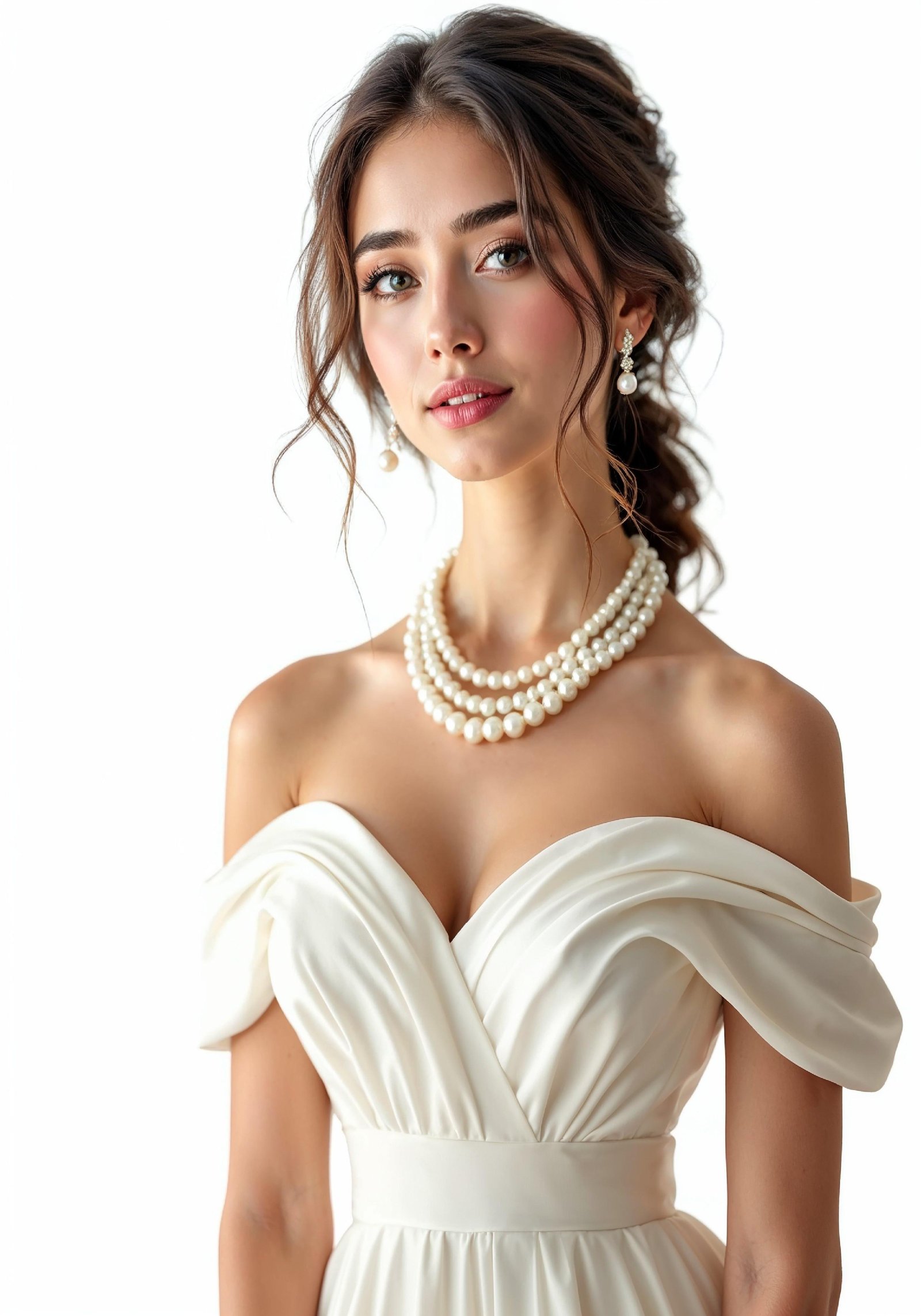Elegant Young Bride in White Wedding Gown Posing in Studio on Light Background