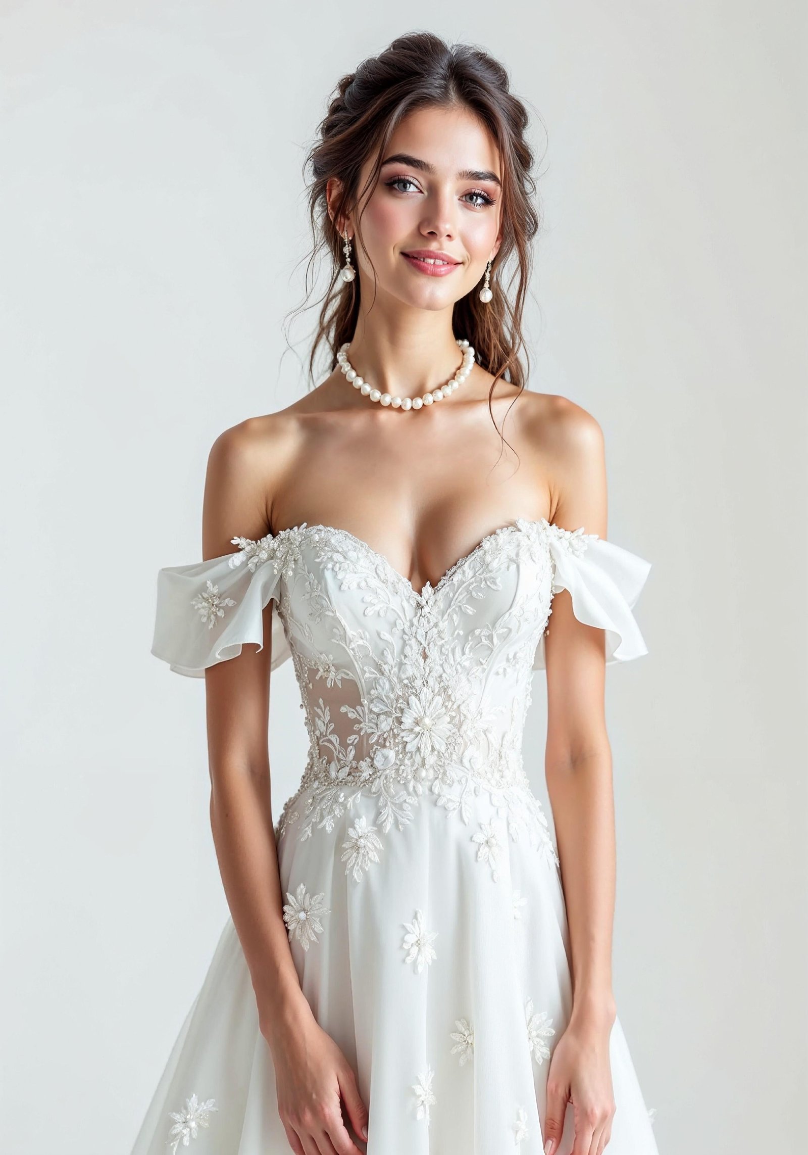 Elegant Young Bride in White Wedding Gown Posing in Studio on Light Background