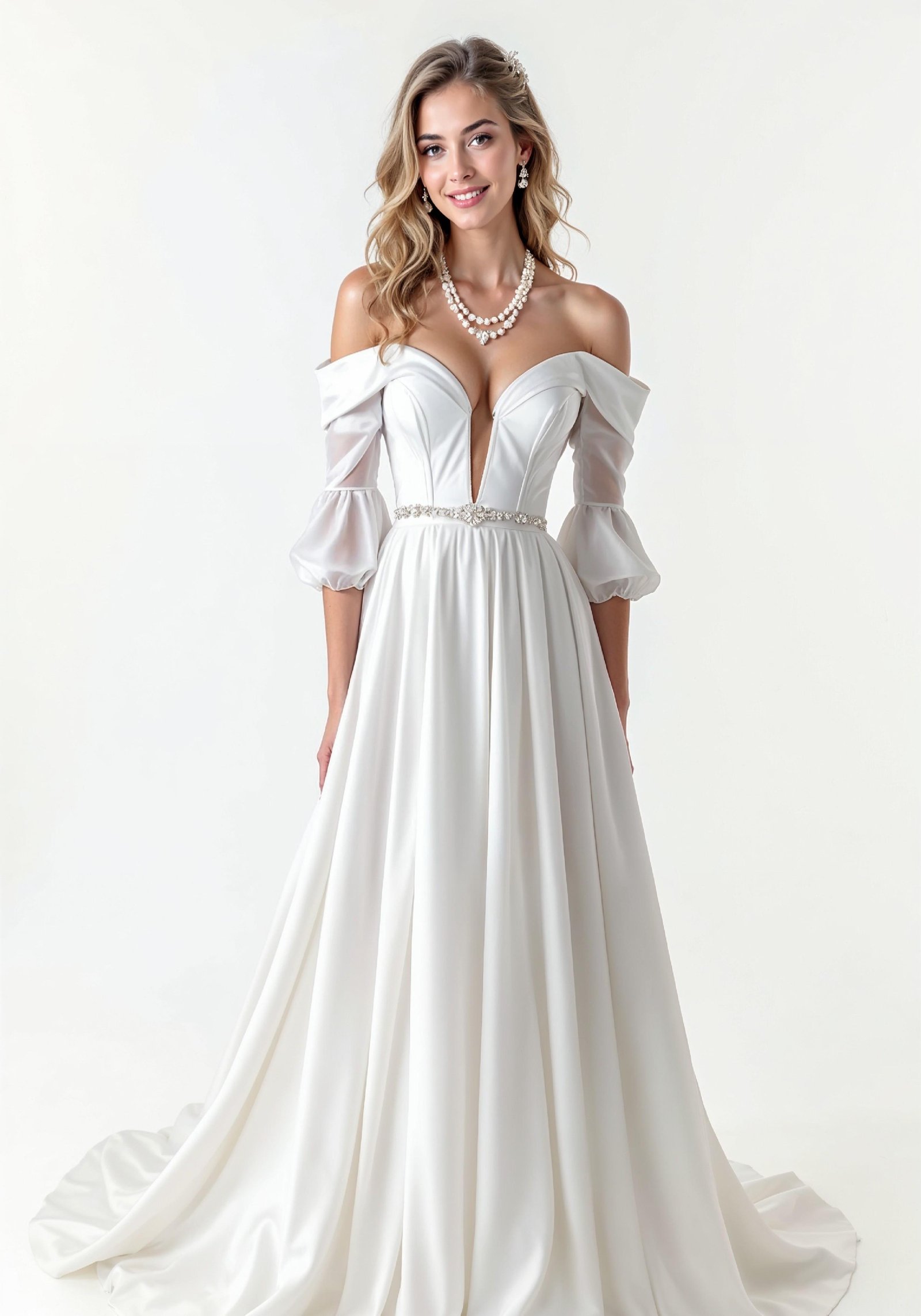 Elegant Young Bride in White Wedding Gown Posing in Studio on Light Background