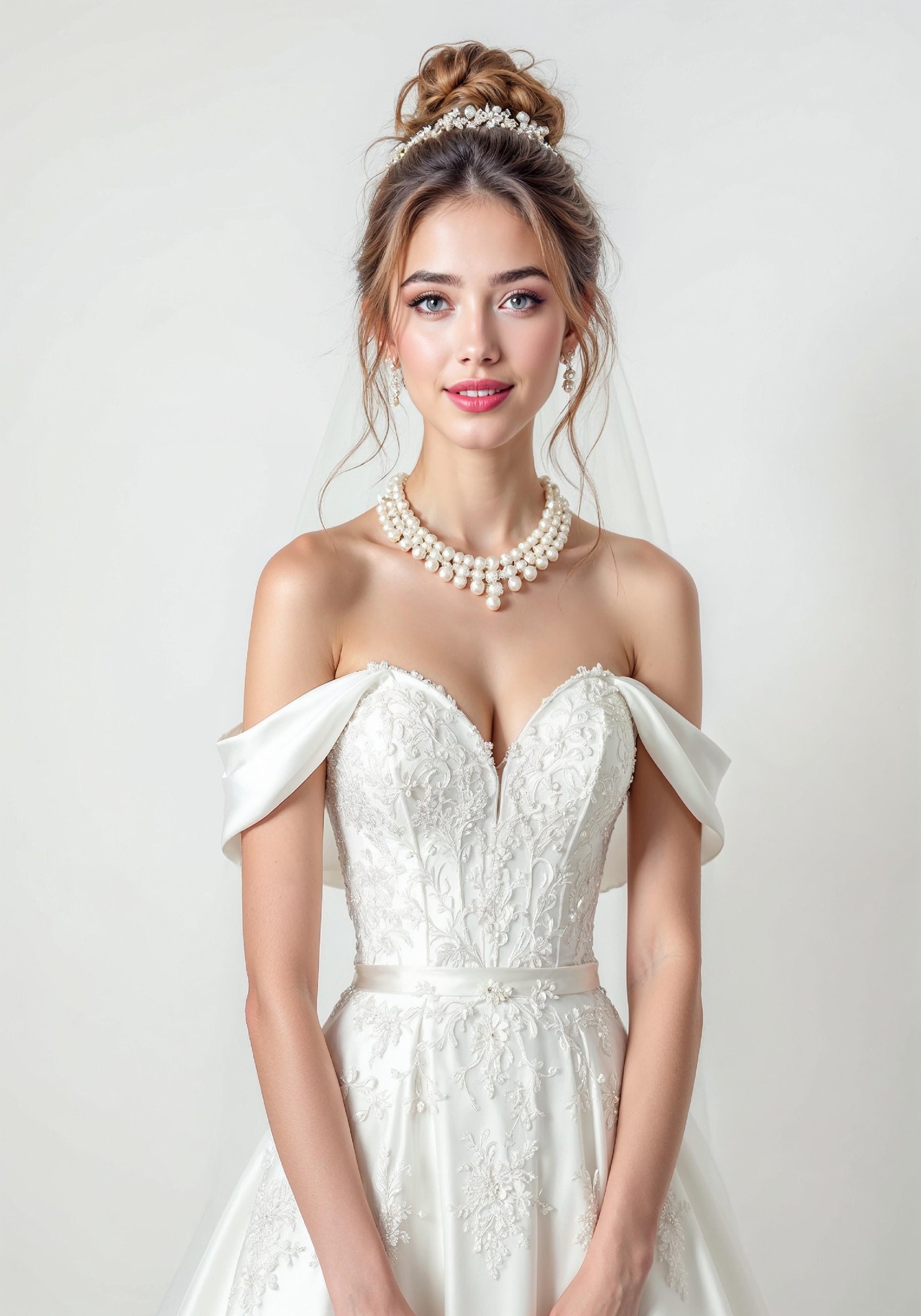 Elegant Young Bride in White Wedding Gown Posing in Studio on Light Background