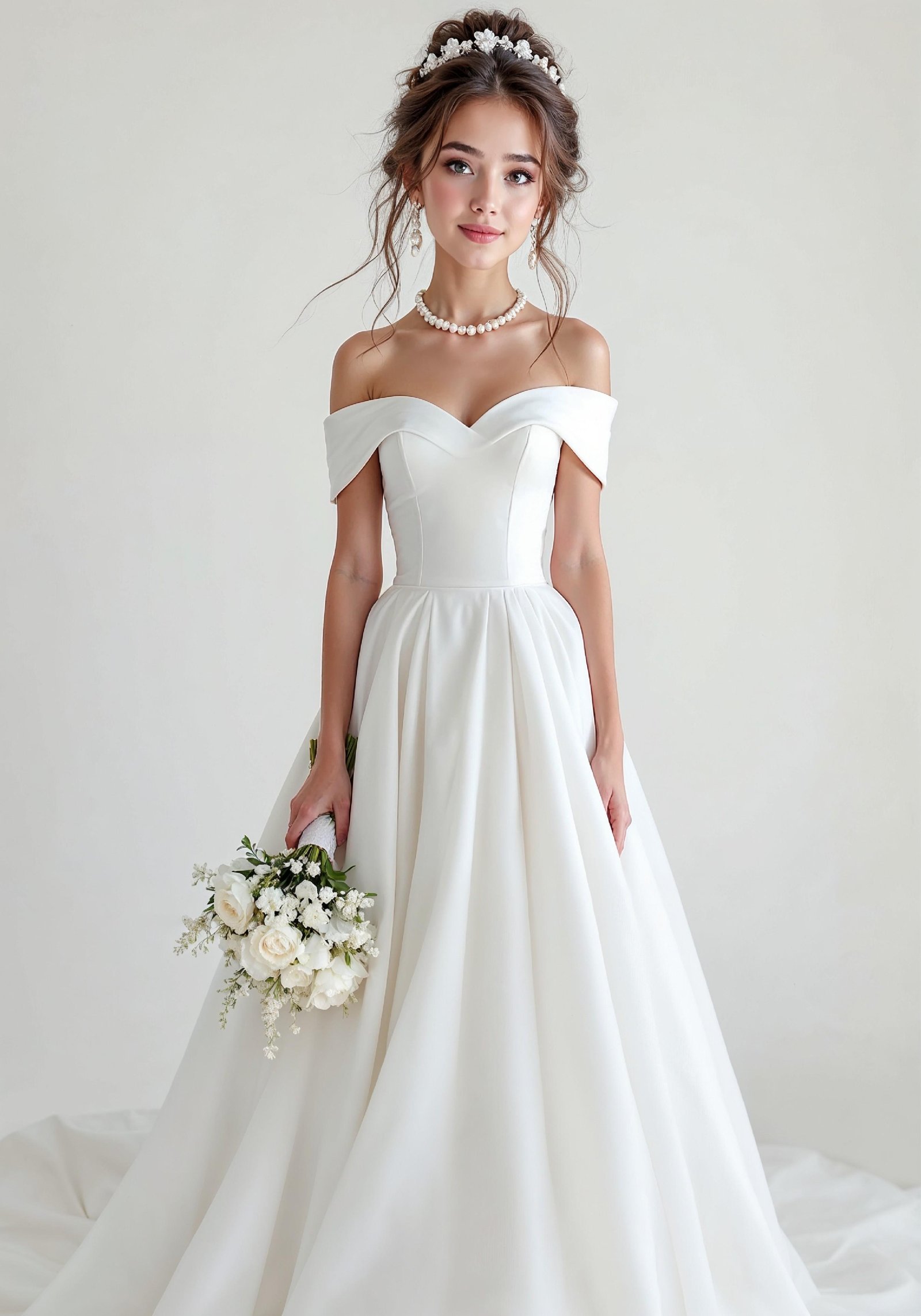 Elegant Young Bride in White Wedding Gown Posing in Studio on Light Background