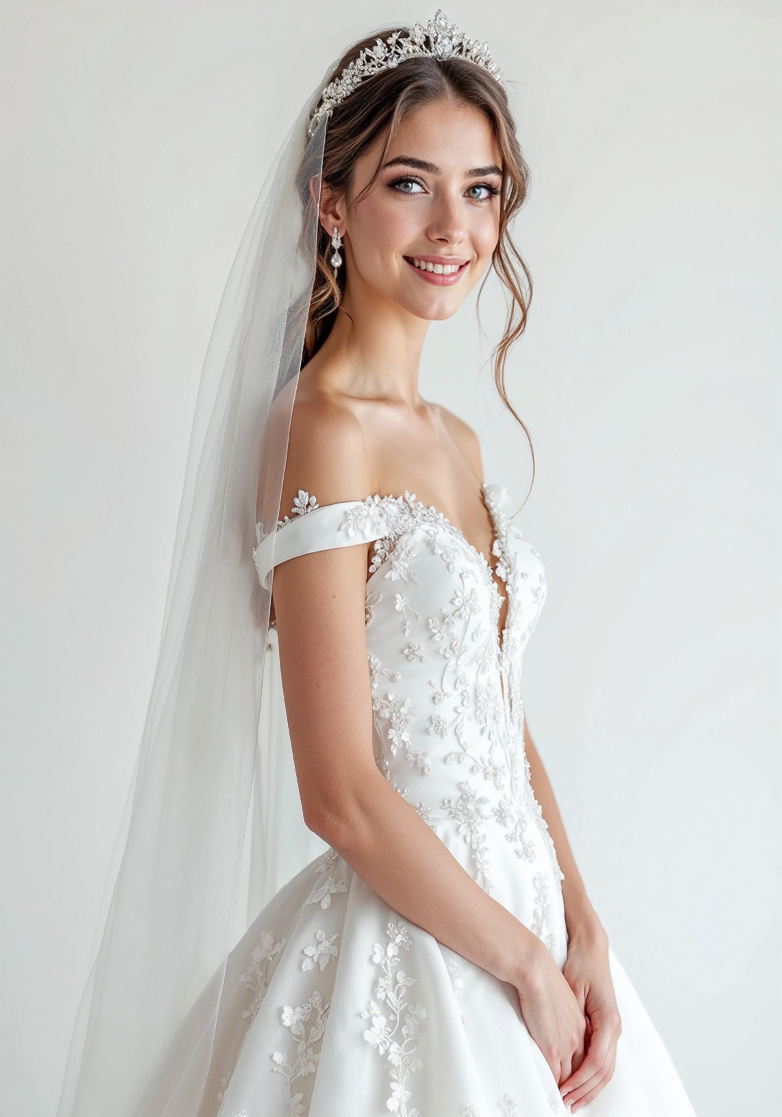 Elegant Young Bride in White Wedding Gown Posing in Studio on Light Background