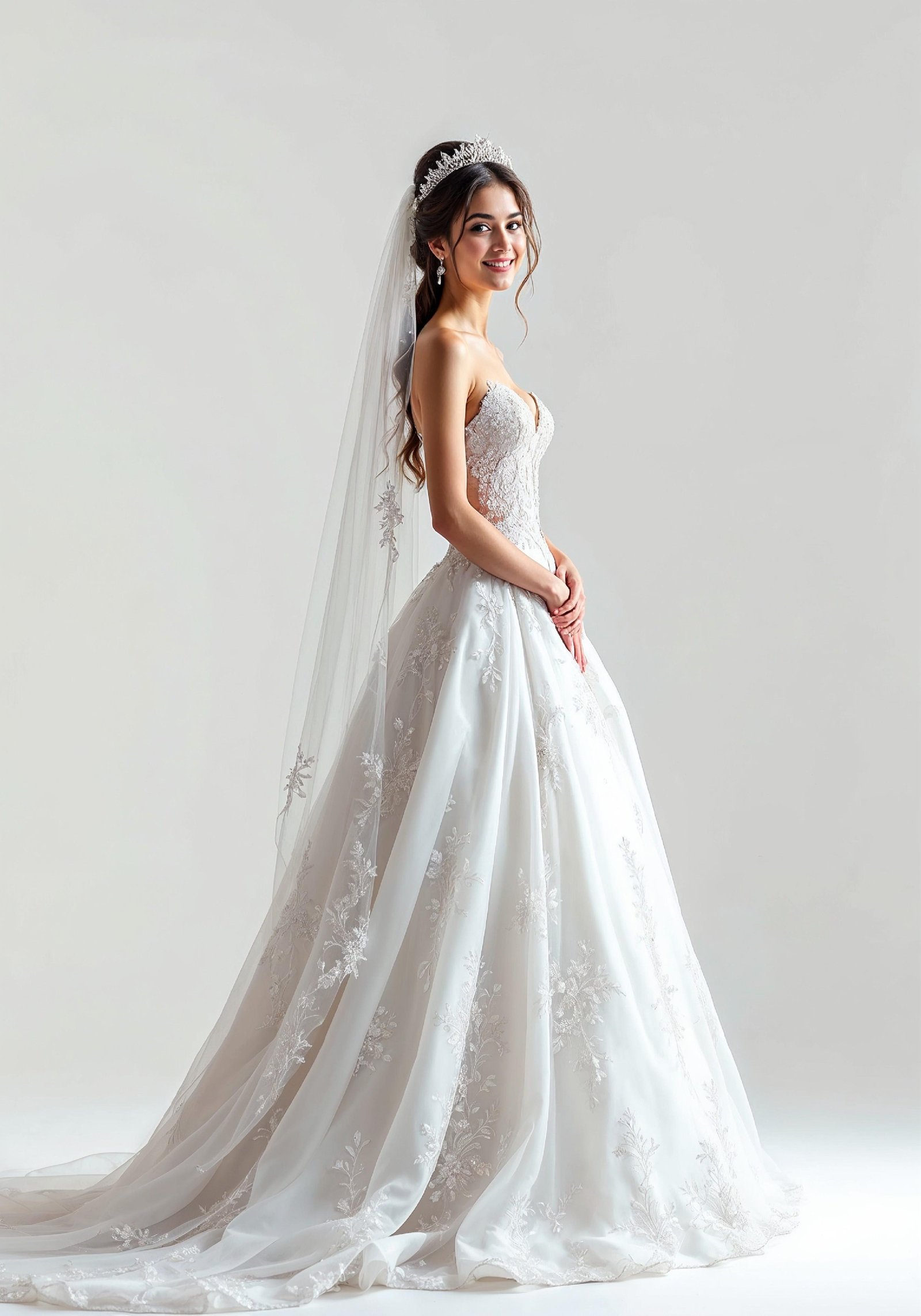 Elegant Young Bride in White Wedding Gown Posing in Studio on Light Background